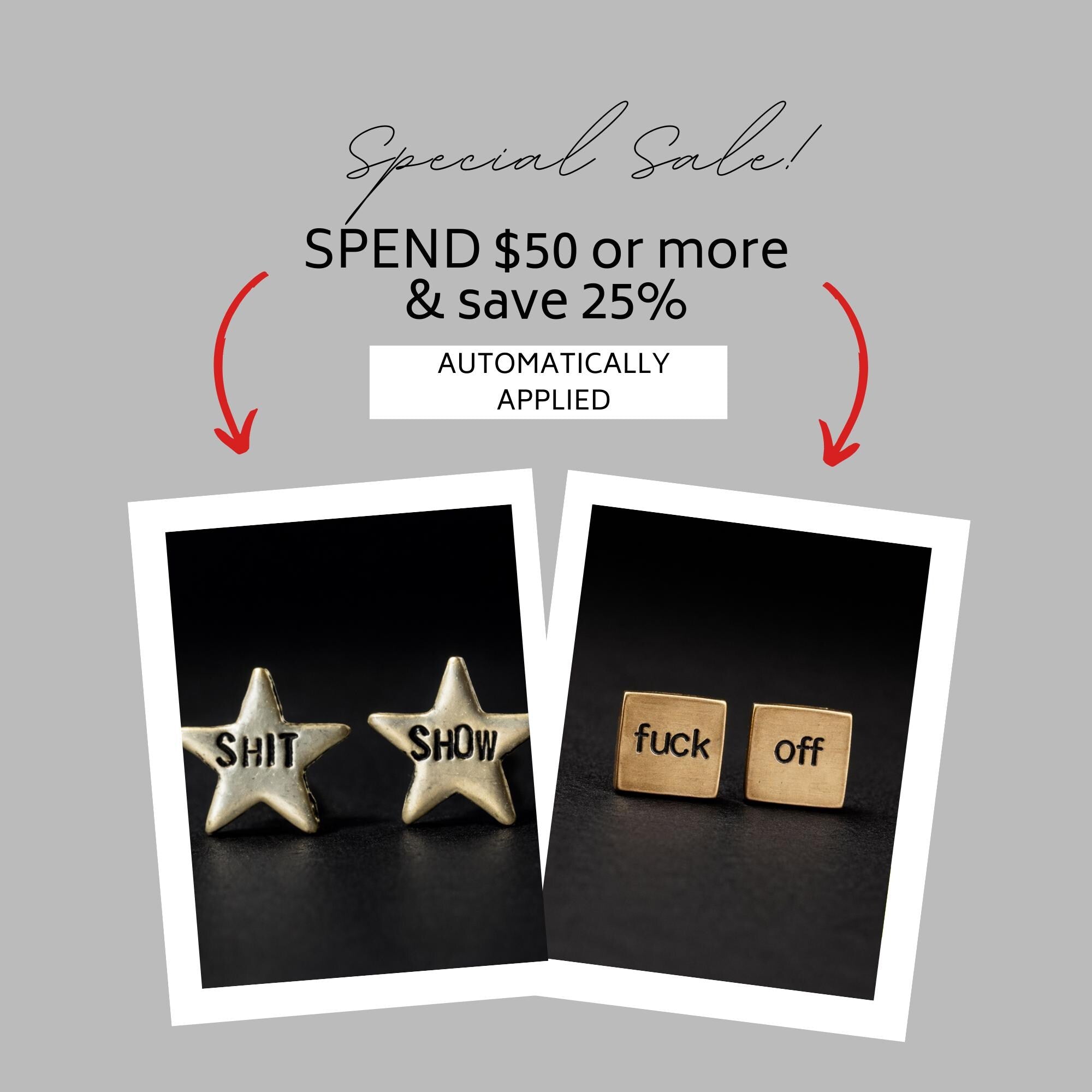 Brushed Brass Fuck Off Stud Earrings, Tiny 8mm Square Studs with Stainless Steel Posts