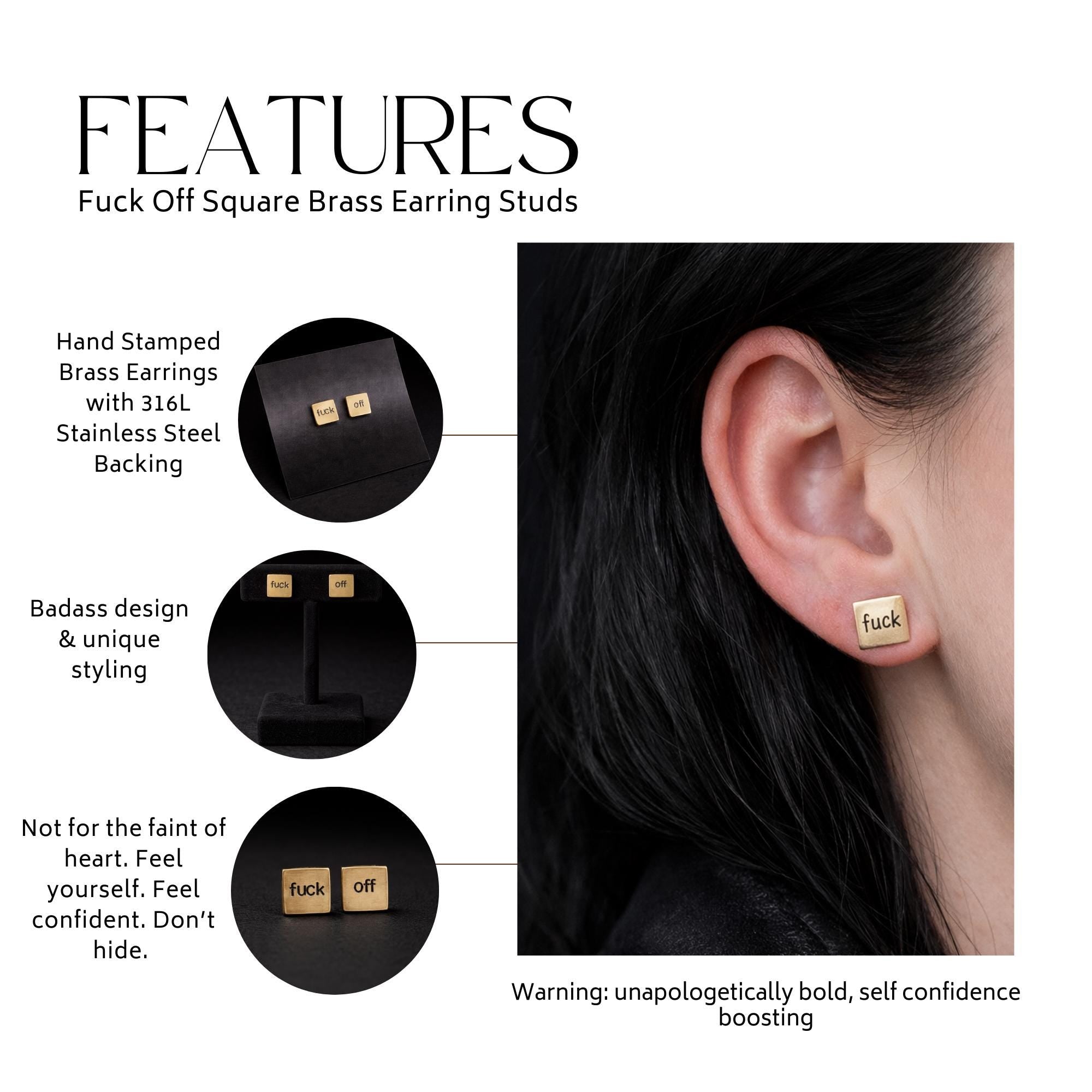 Brushed Brass Fuck Off Stud Earrings, Tiny 8mm Square Studs with Stainless Steel Posts