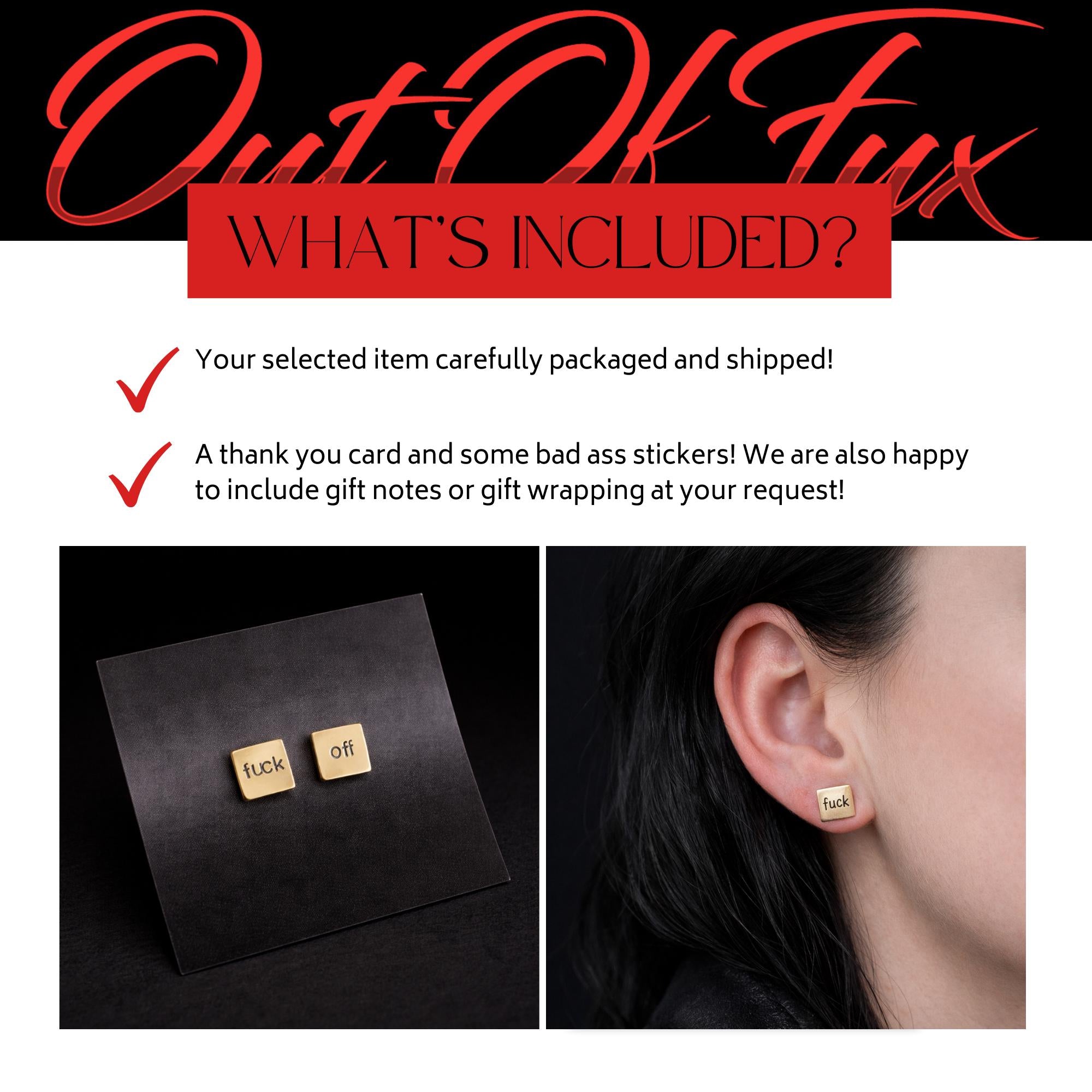 Brushed Brass Fuck Off Stud Earrings, Tiny 8mm Square Studs with Stainless Steel Posts
