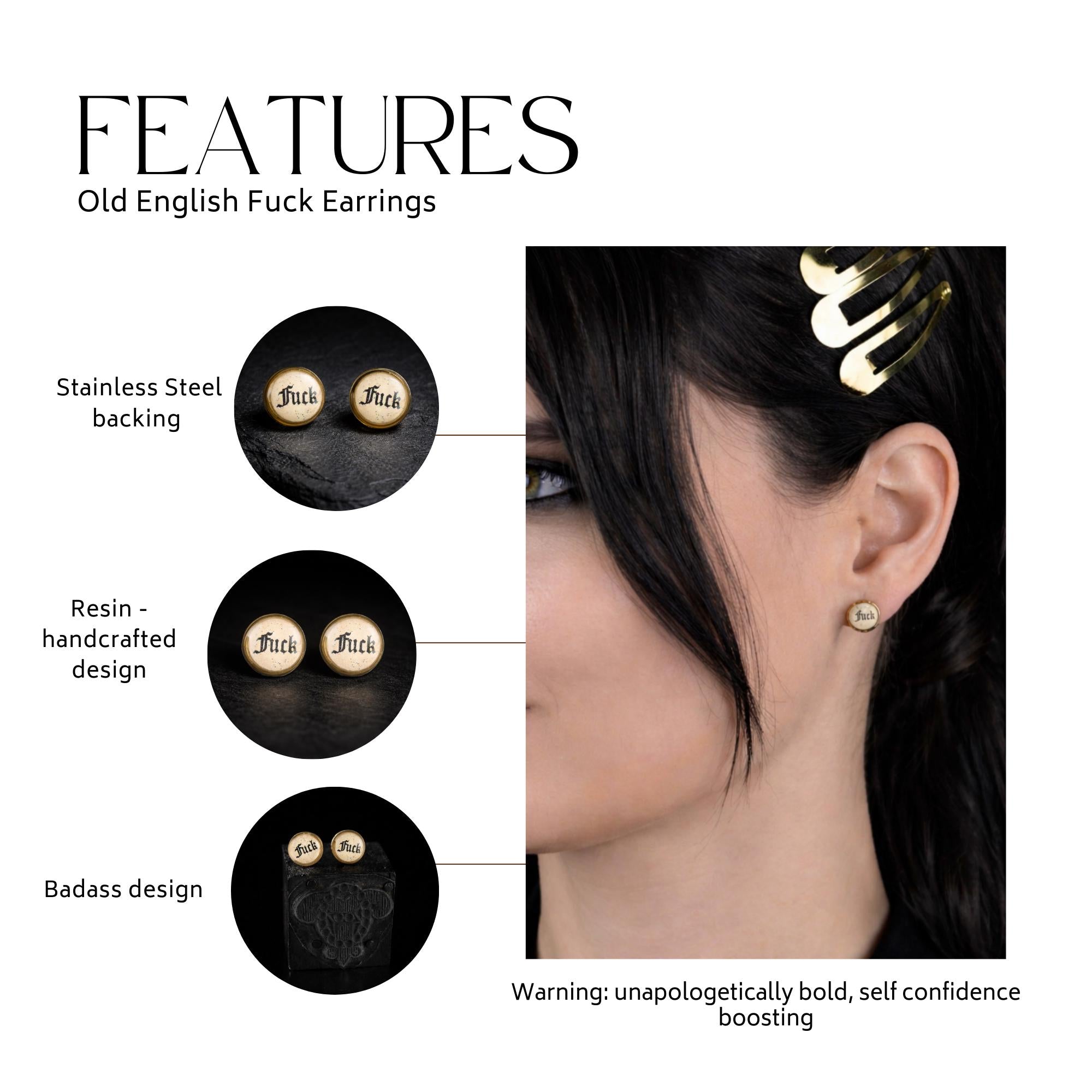 Old English Swear Word Stud Earrings, Dainty 8mm Punk Statement Jewelry