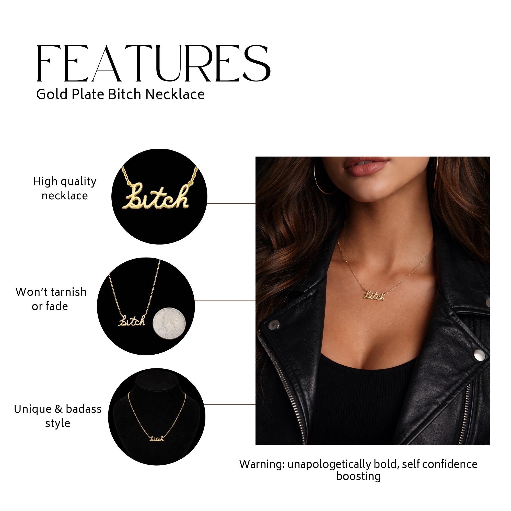 Gold Bitch Necklace, Stainless Steel Curse Word Pendant, Bold Edgy Statement Jewelry