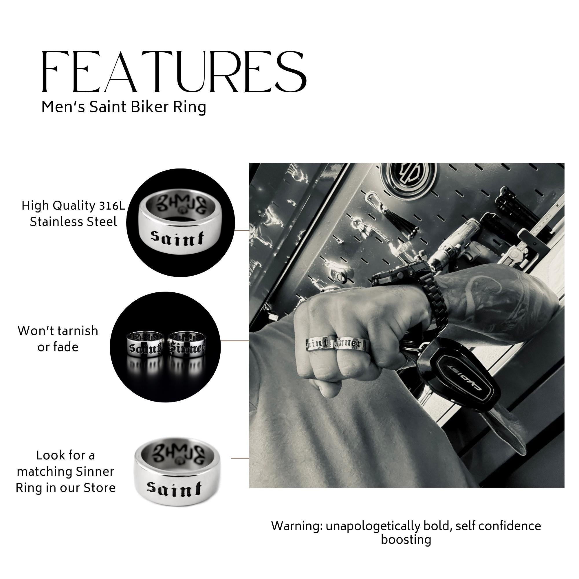 Saint Stainless Steel Biker Ring, Bold Engraved Statement Ring for Men