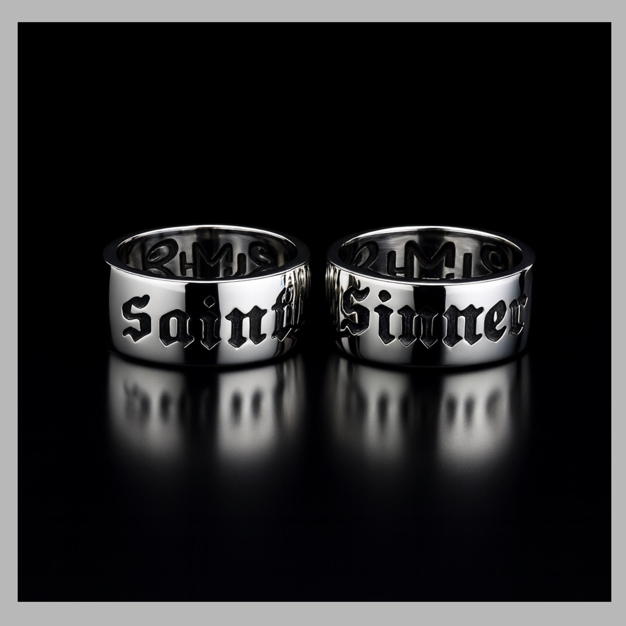 Sinner Stainless Steel Biker Ring, Bold Engraved Statement Ring for Men