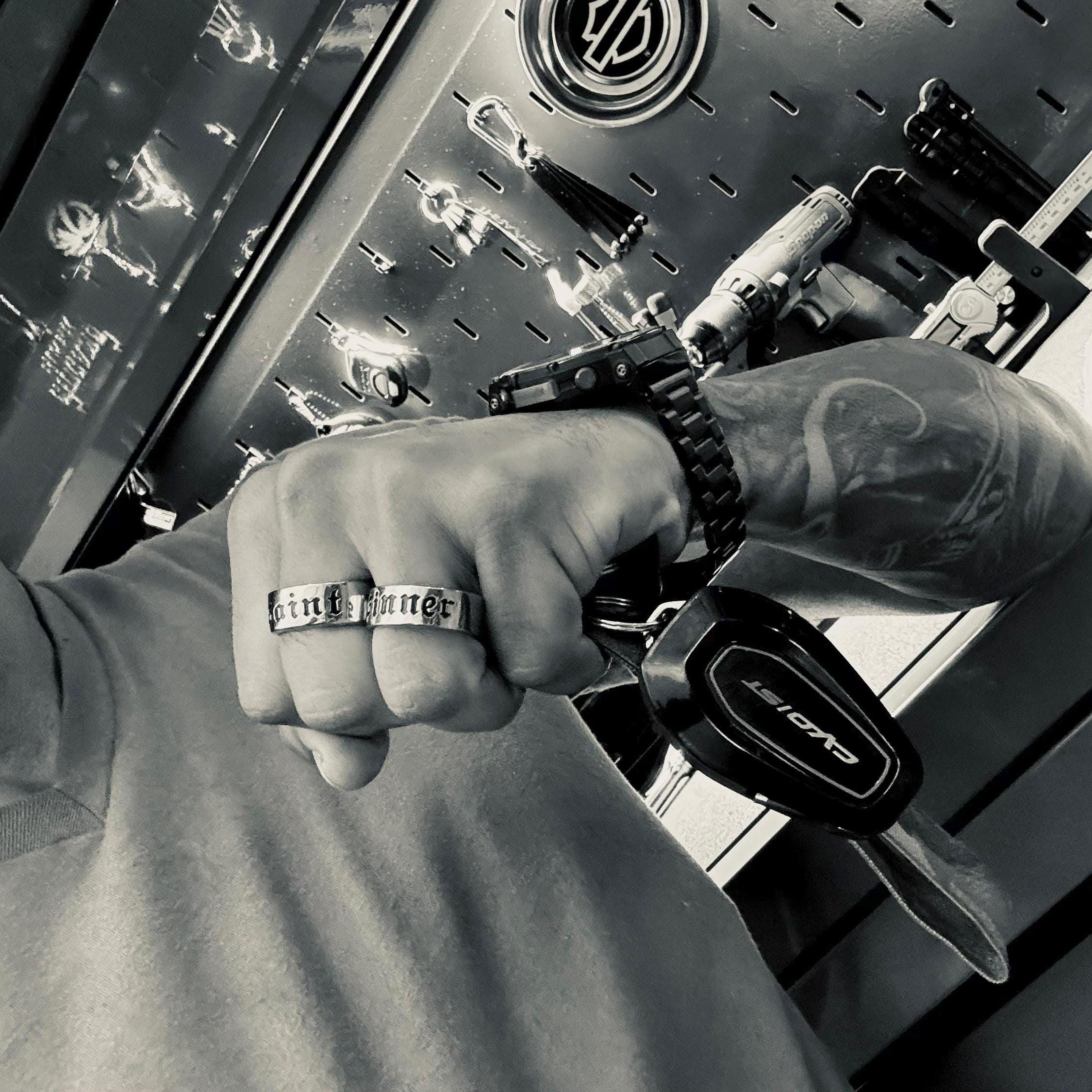 Sinner Stainless Steel Biker Ring, Bold Engraved Statement Ring for Men
