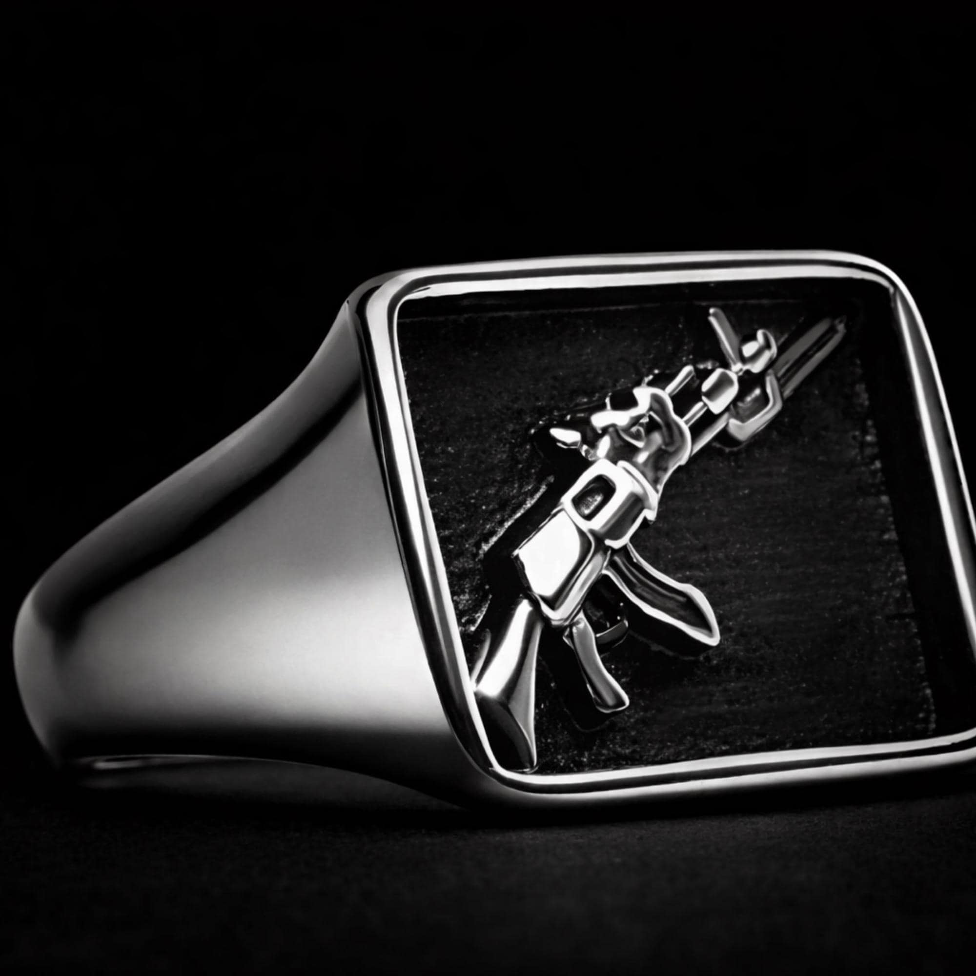 Machine Gun Stainless Steel Ring for Men, Bold 2A Biker Ring with Firearm Design