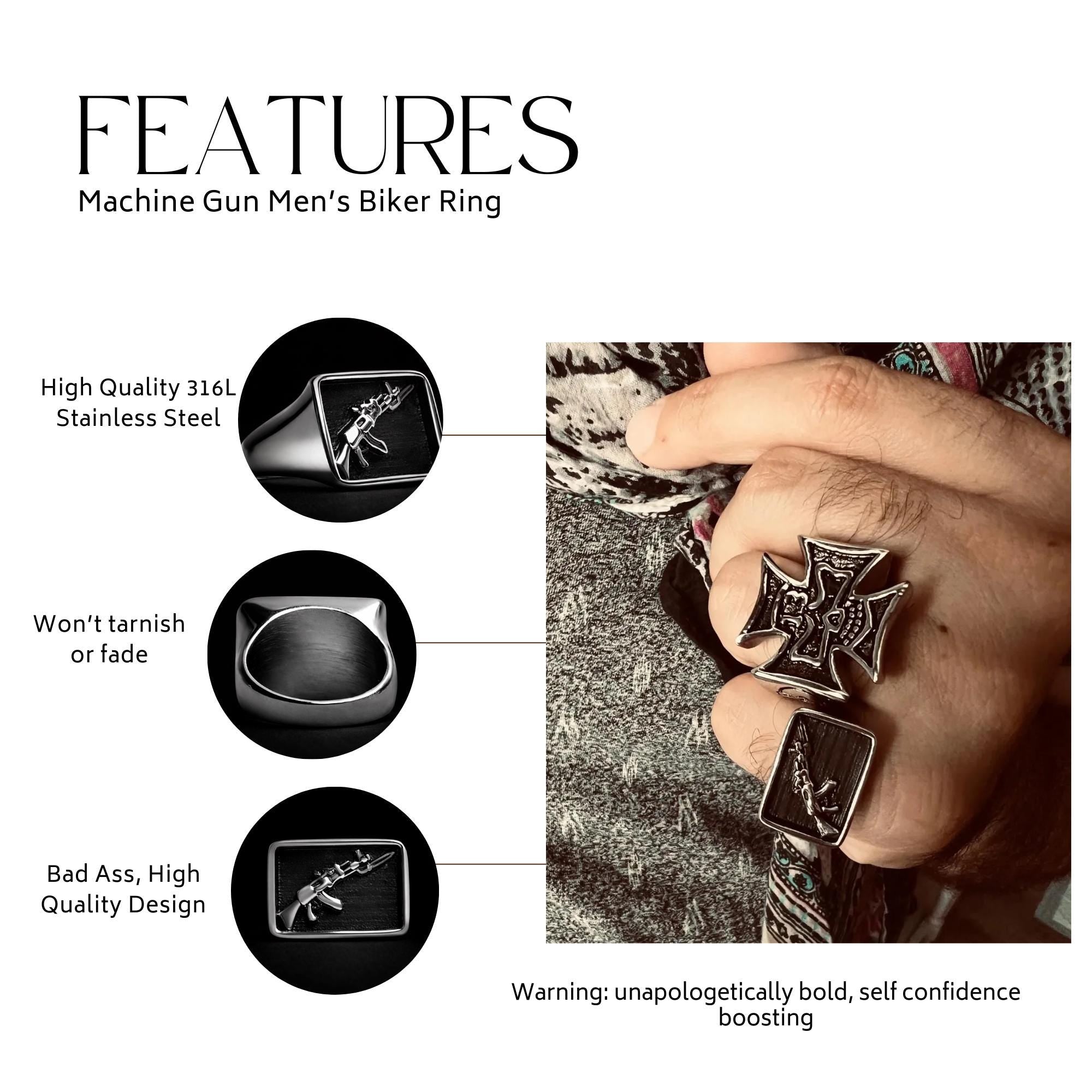 Machine Gun Stainless Steel Ring for Men, Bold 2A Biker Ring with Firearm Design