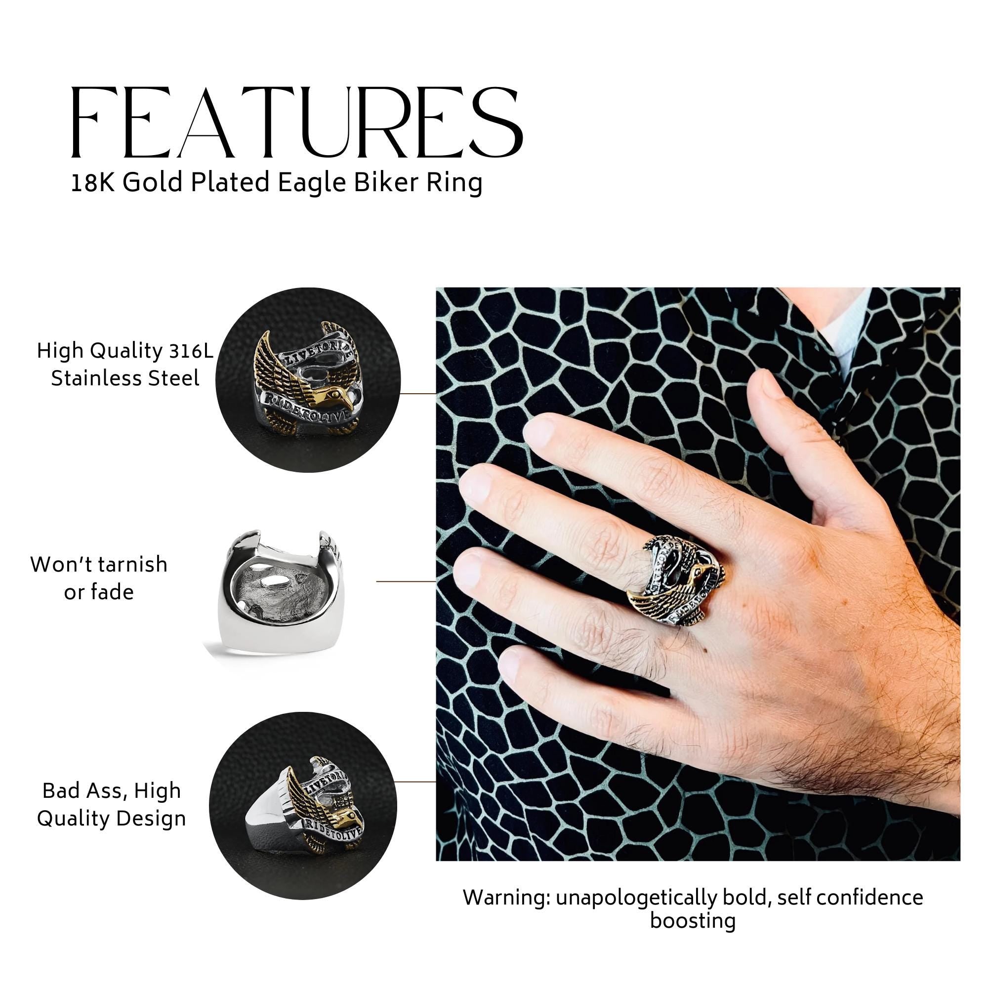 18K Gold Plated Eagle Biker Ring, Bold Statement Jewelry for Men