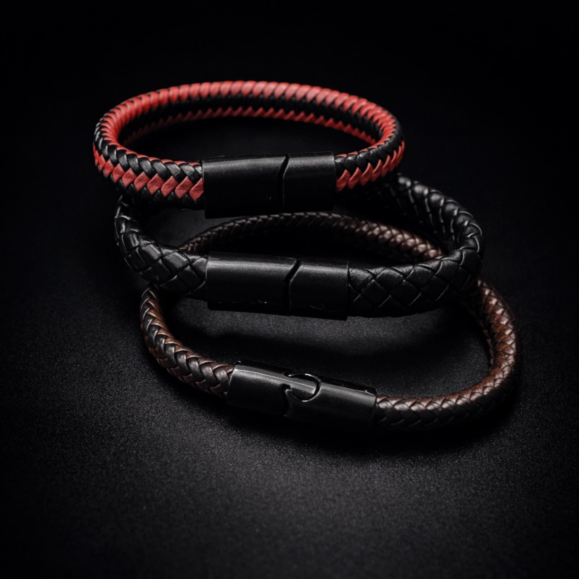 Braided Leather Bracelet for Men, Biker Style Genuine Leather Wristband with Steel Clasp