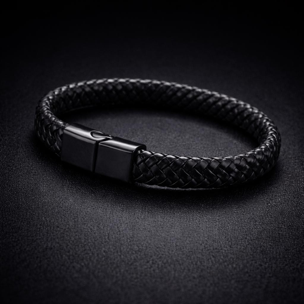 Braided Leather Bracelet for Men, Biker Style Genuine Leather Wristband with Steel Clasp