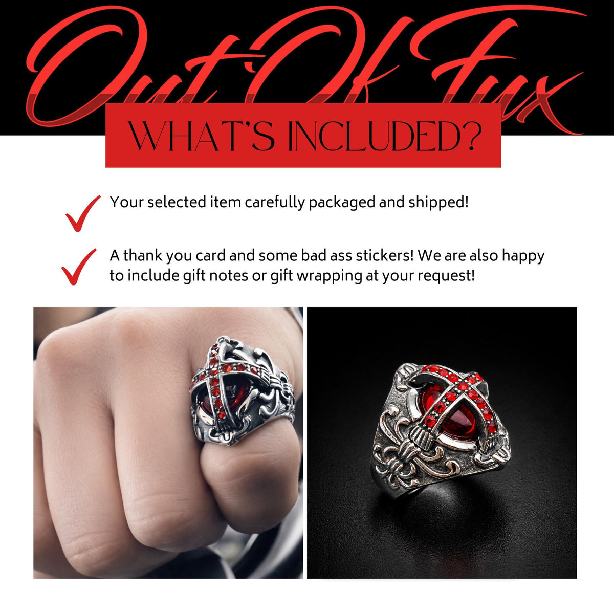 Gothic Red Stone Cross Ring for Men, Stainless Steel Biker Statement Ring