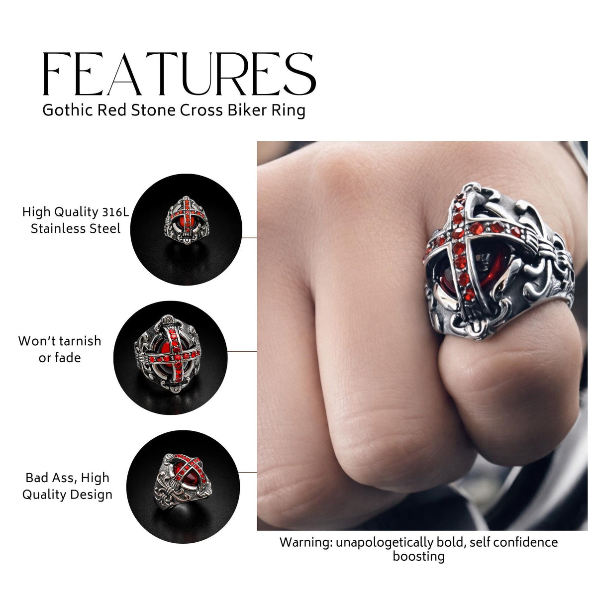 Gothic Red Stone Cross Ring for Men, Stainless Steel Biker Statement Ring