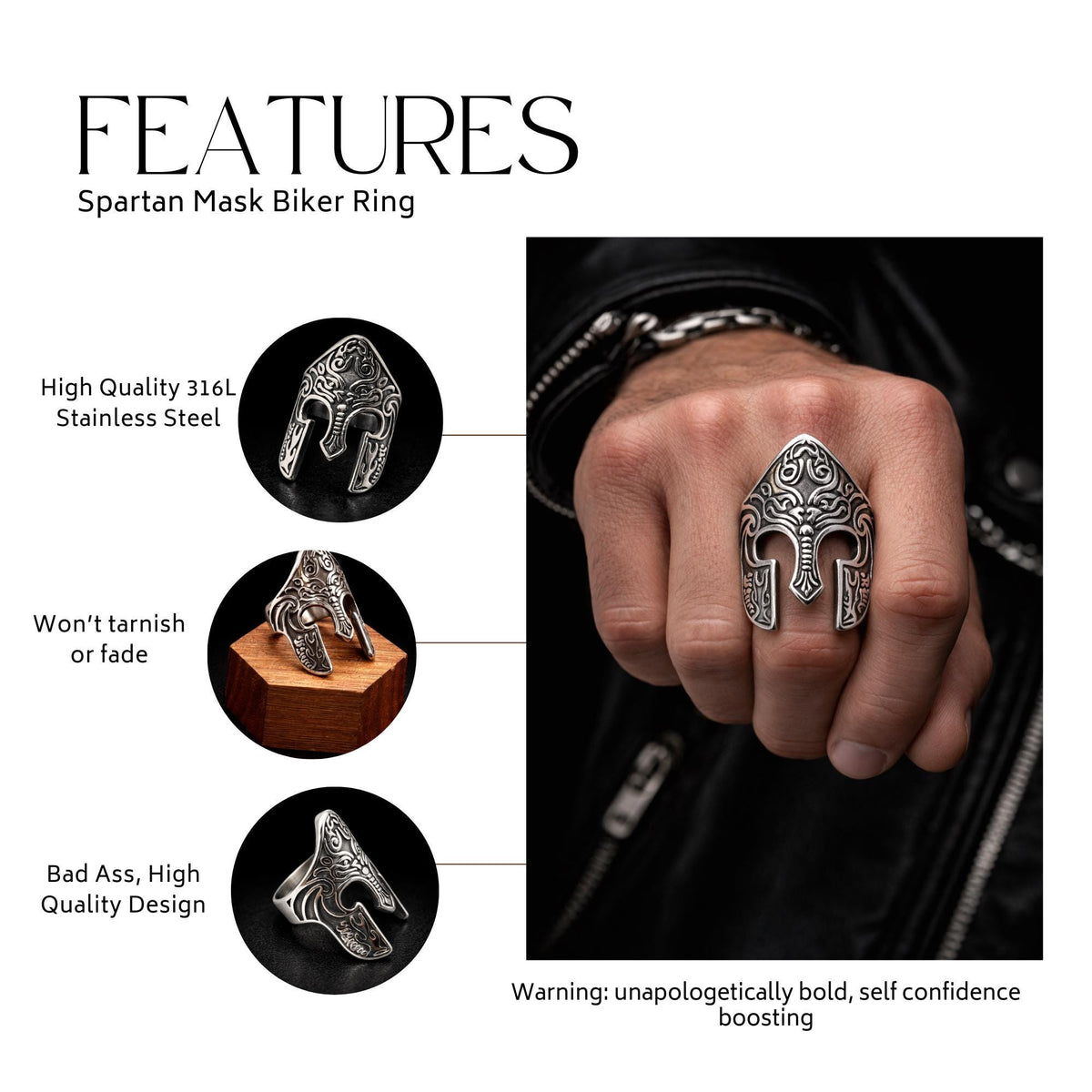 Stainless Steel Spartan Mask Ring for Men, Bold Warrior Style Biker Statement Ring