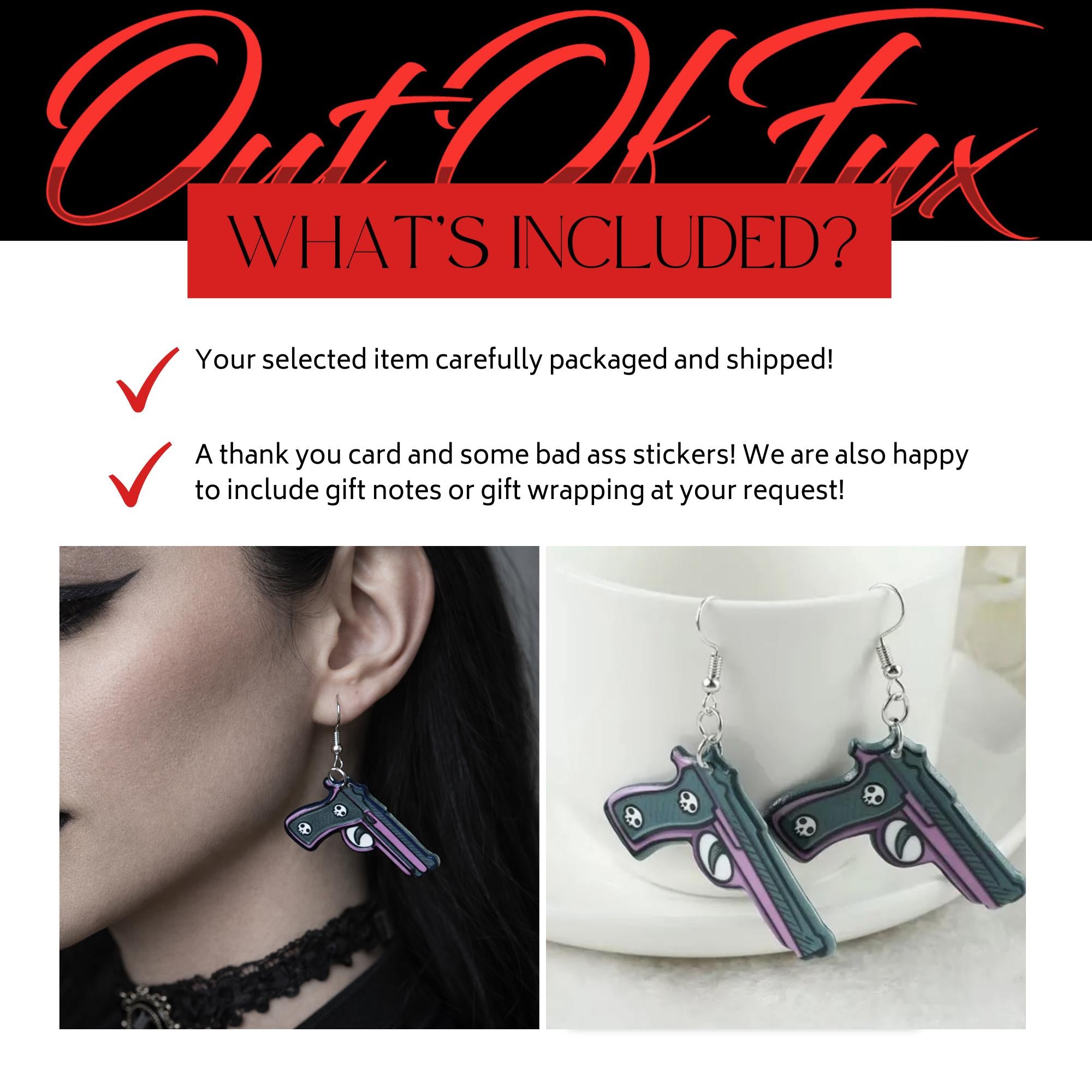 Green Purple Skull Pistol Earrings, Goth Punk Acrylic Dangle Earrings