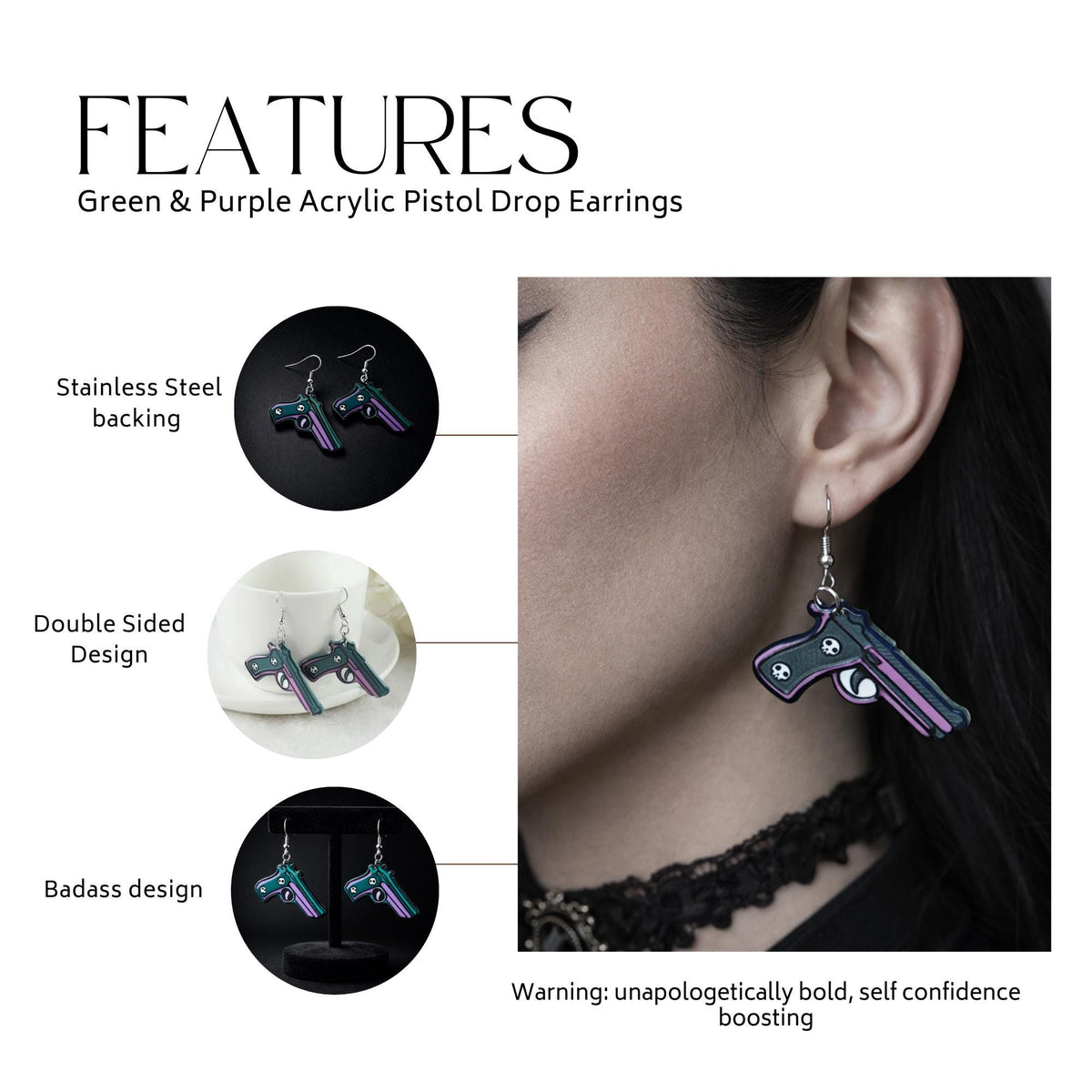 Green Purple Skull Pistol Earrings, Goth Punk Acrylic Dangle Earrings