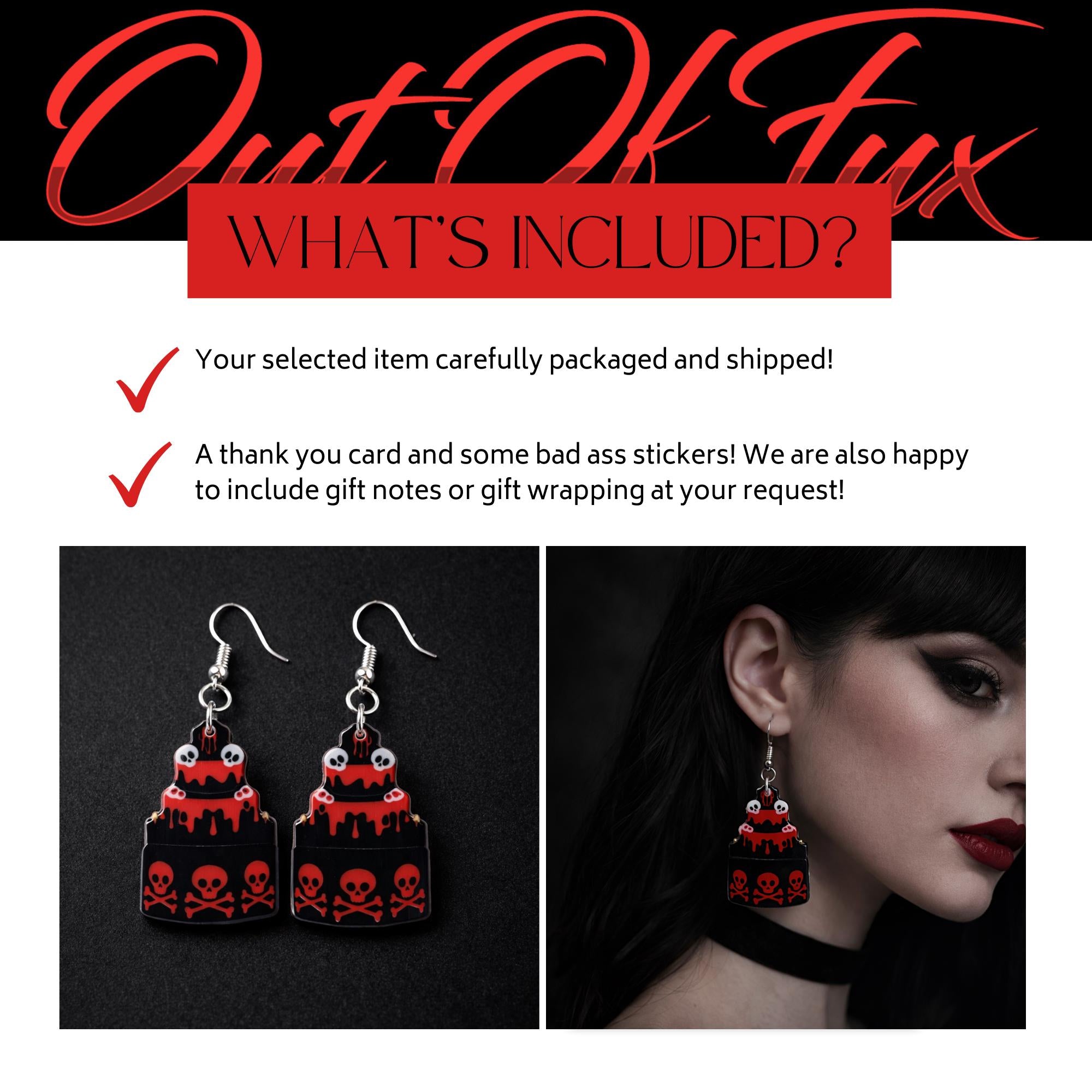 Goth Cake Skull Earrings, Double Sided Acrylic Dangle with Stainless Steel Hooks