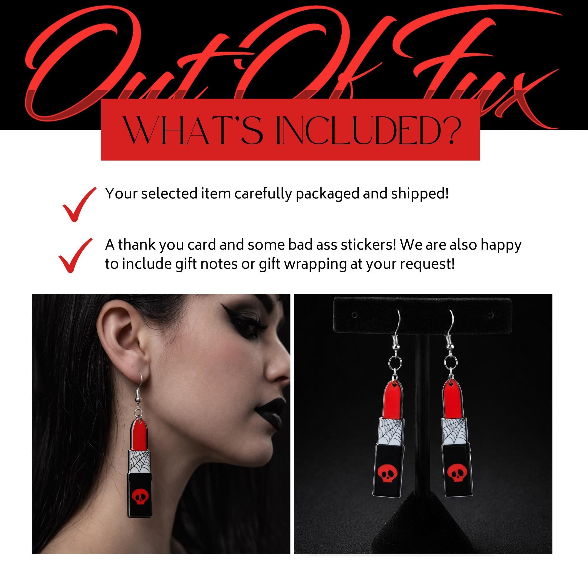 Goth Lipstick Earrings, Double Sided Skull Design with Hypoallergenic Stainless Steel Hooks