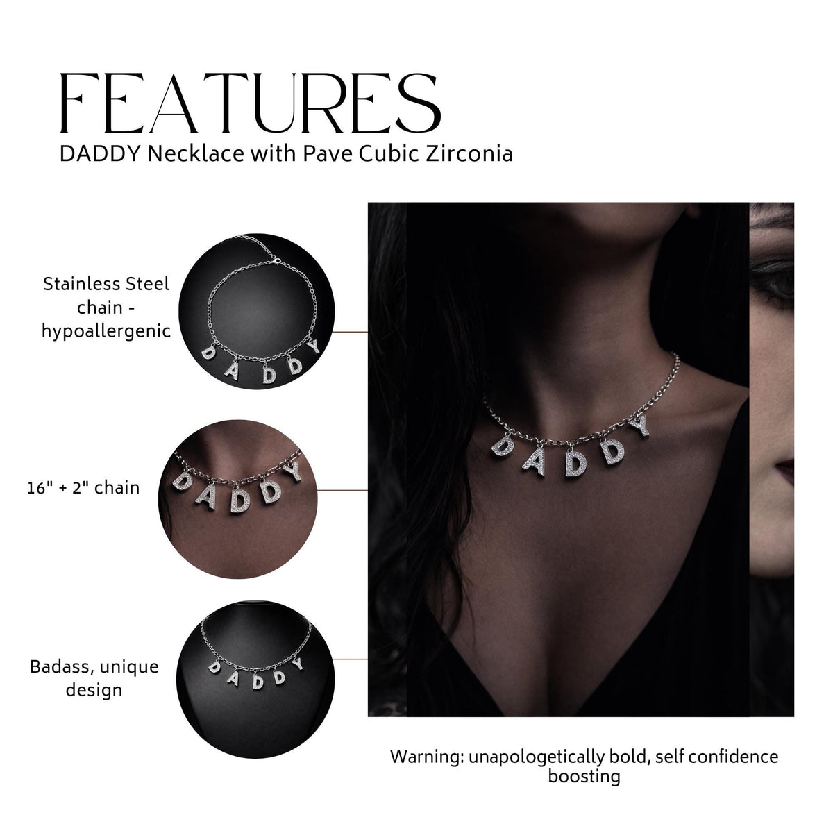 Silver Daddy Necklace with CZ Stones, Stainless Steel Statement Chain for Layered Nightlife Looks