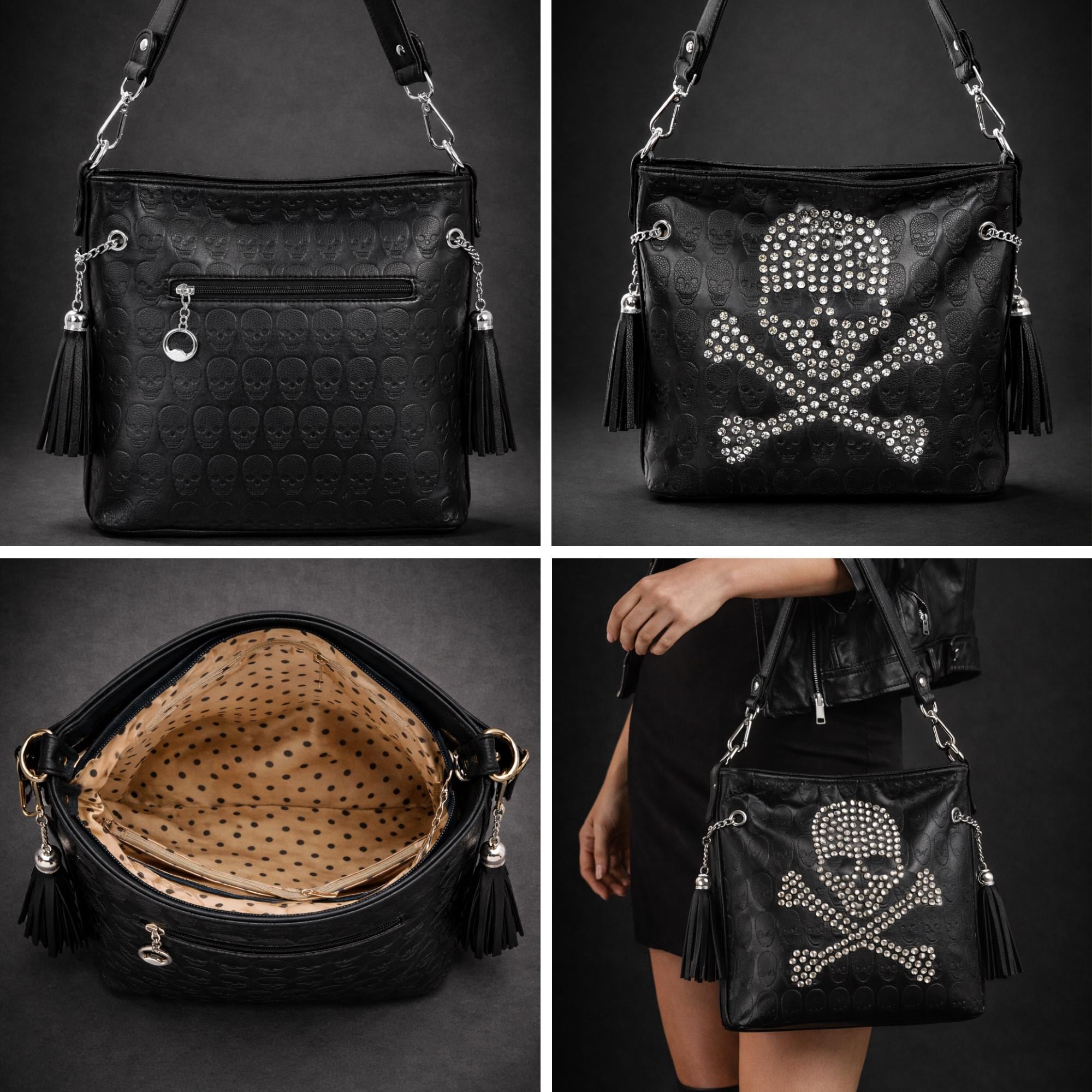 Skull Crossbody Embossed Faux Leather Rhinestone Skull Purse, Biker Chic Gothic Handbag