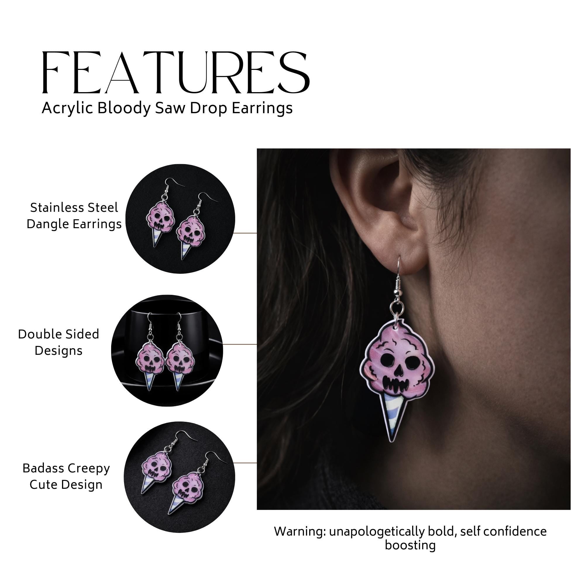 Skull Ice Cream Dangle Earrings, Pastel Goth Acrylic Jewelry