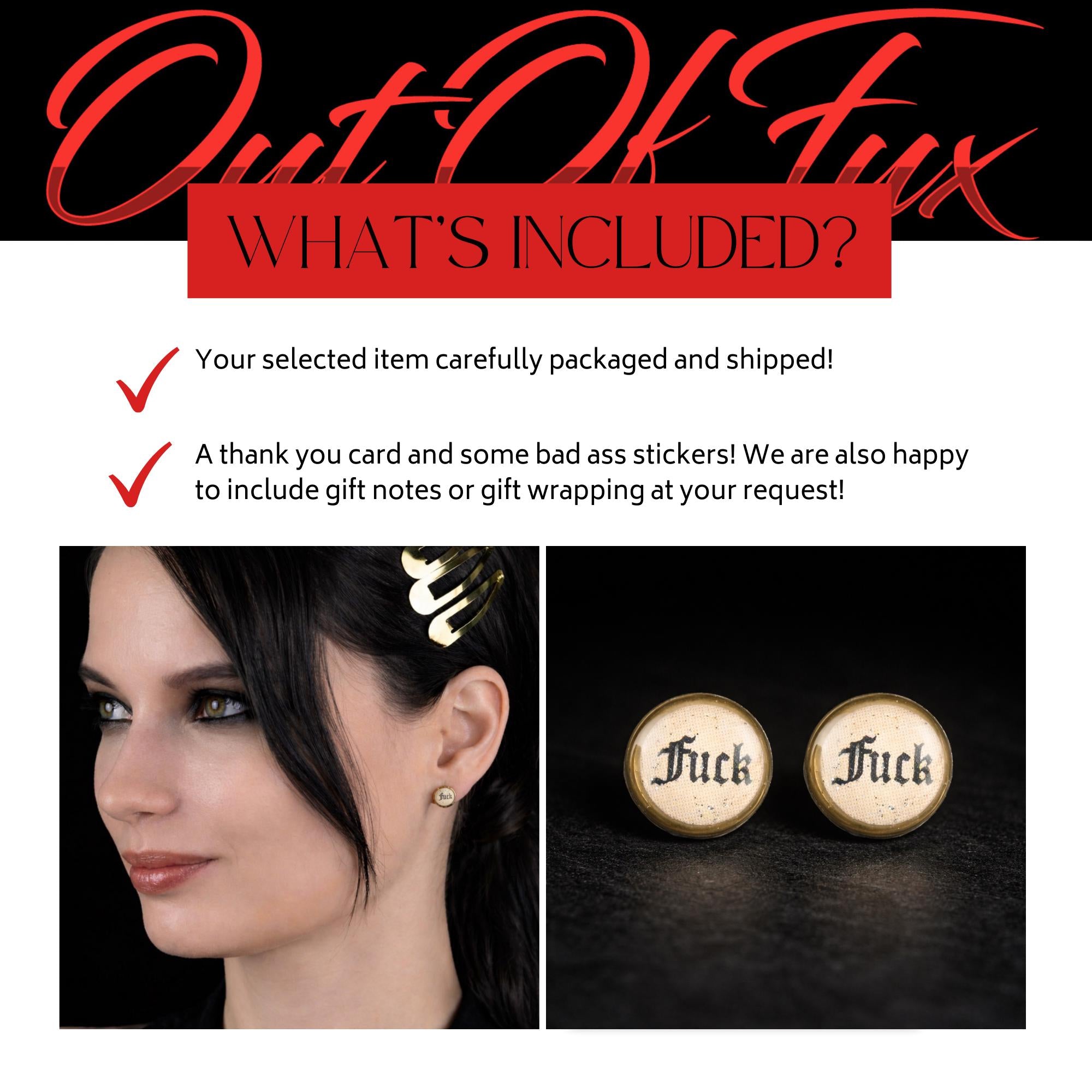 Old English Swear Word Stud Earrings, Dainty 8mm Punk Statement Jewelry