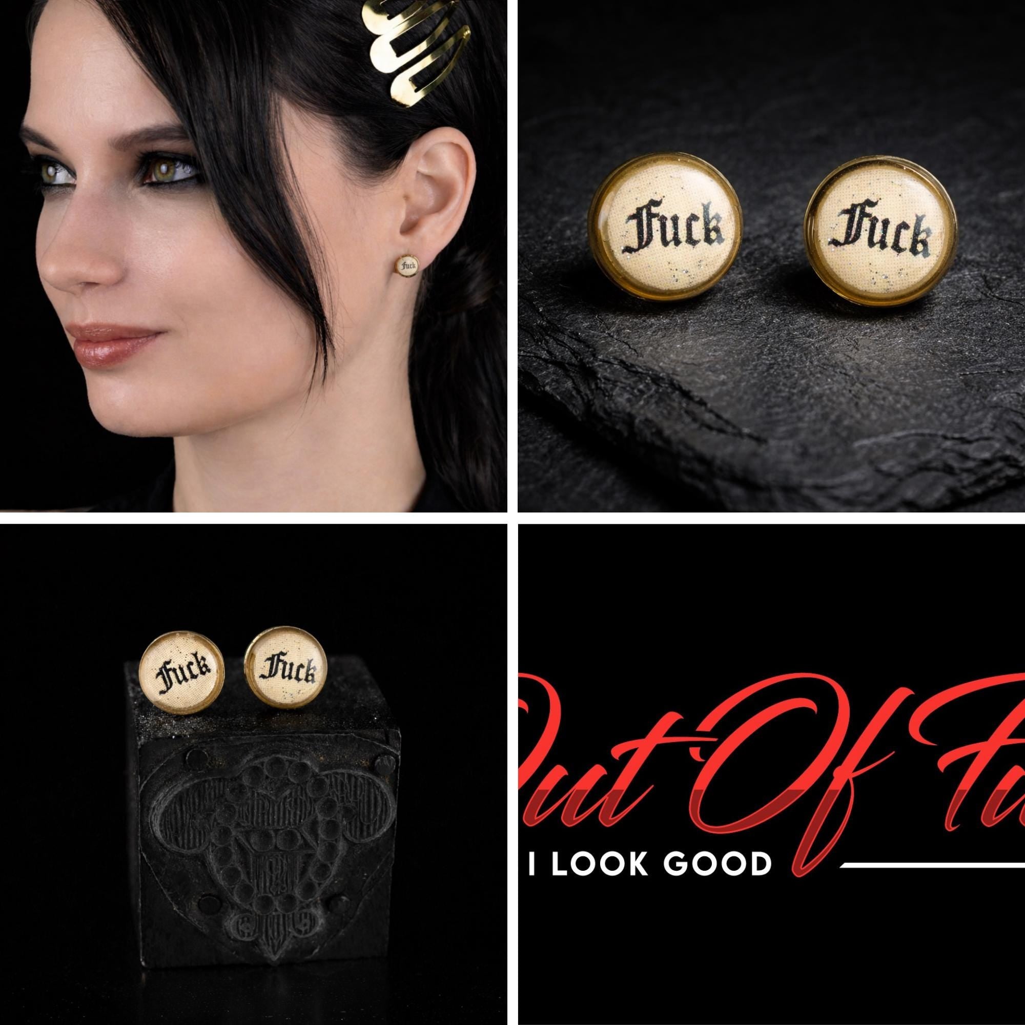 Old English Swear Word Stud Earrings, Dainty 8mm Punk Statement Jewelry