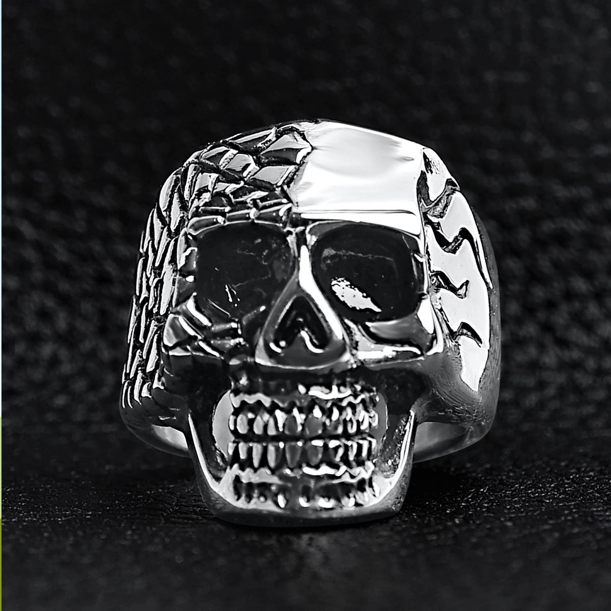 Stainless Steel Skull Cracked Ring: Polished Biker Statement Ring for Men Sizes 9-14