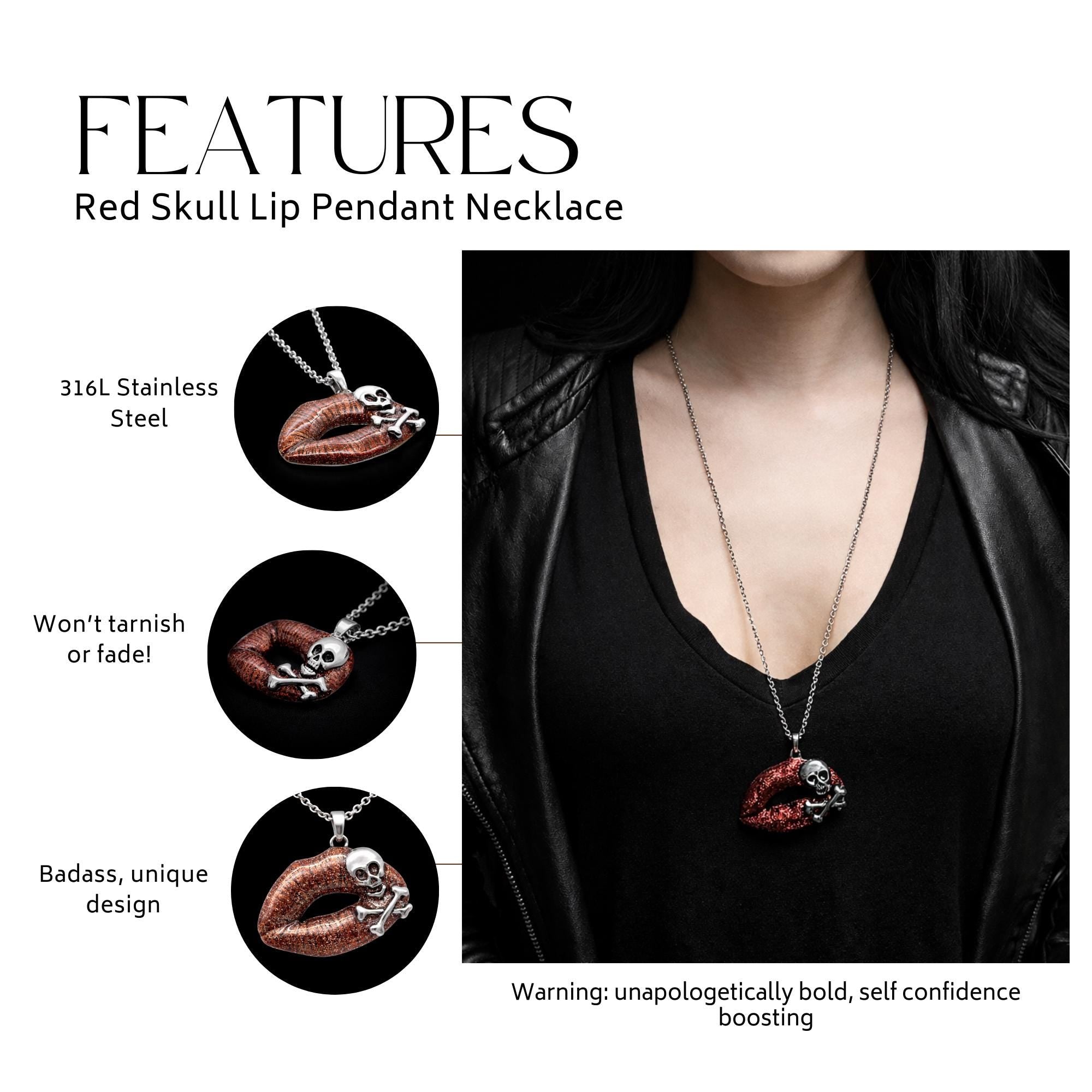 Red Skull Lip Necklace: Stainless Steel Gothic Statement Pendant for Women