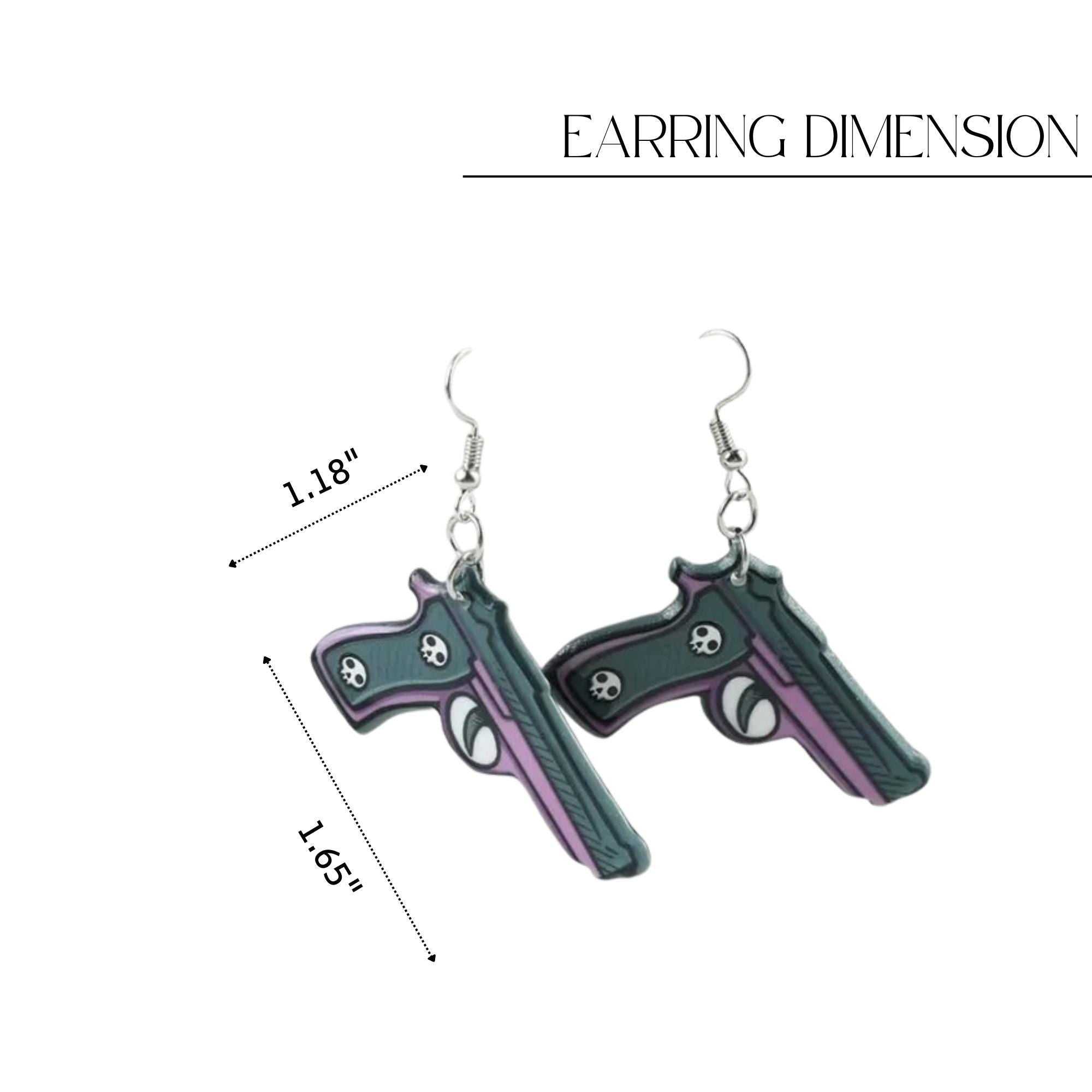 Green Purple Skull Pistol Earrings, Goth Punk Acrylic Dangle Earrings