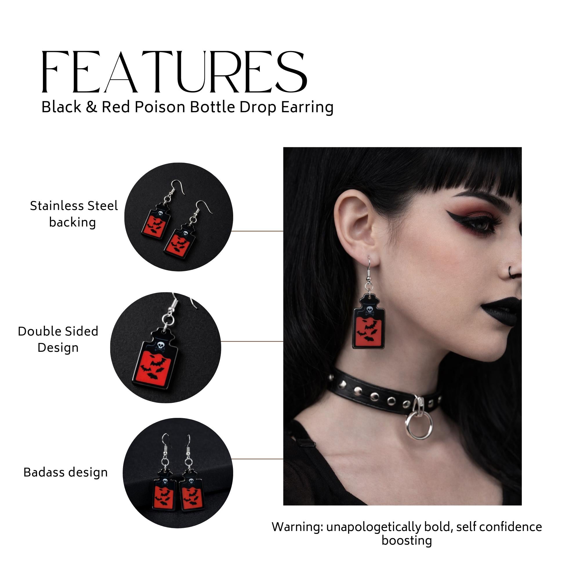 Red and Black Poison Bottle Earrings, Gothic Spooky Dangle Jewelry
