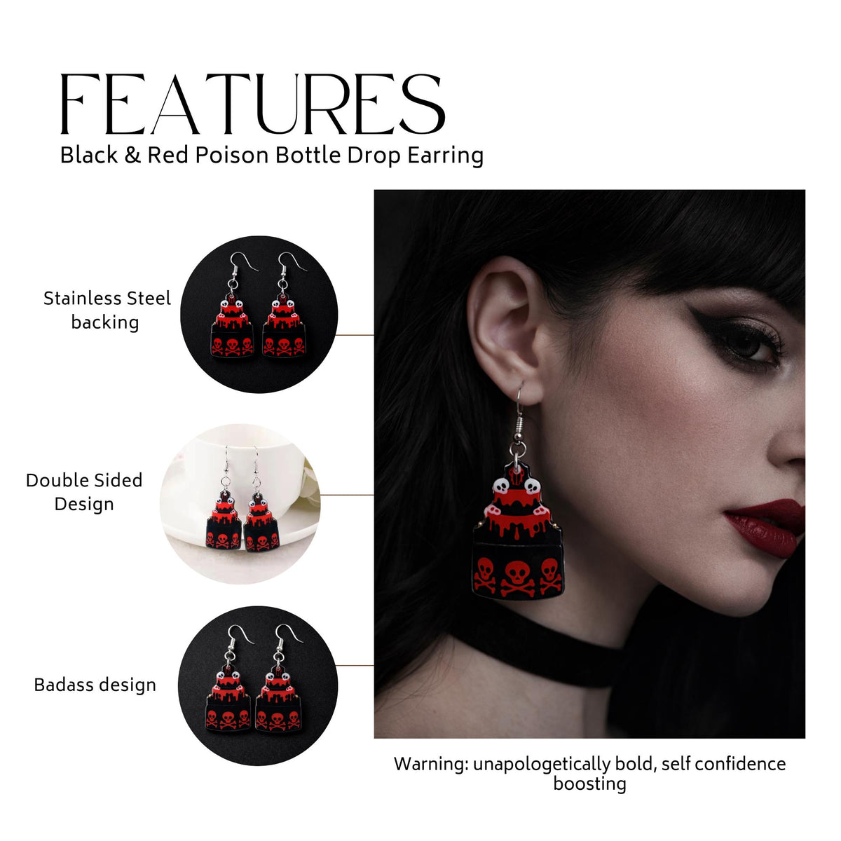 Goth Cake Skull Earrings, Double Sided Acrylic Dangle with Stainless Steel Hooks