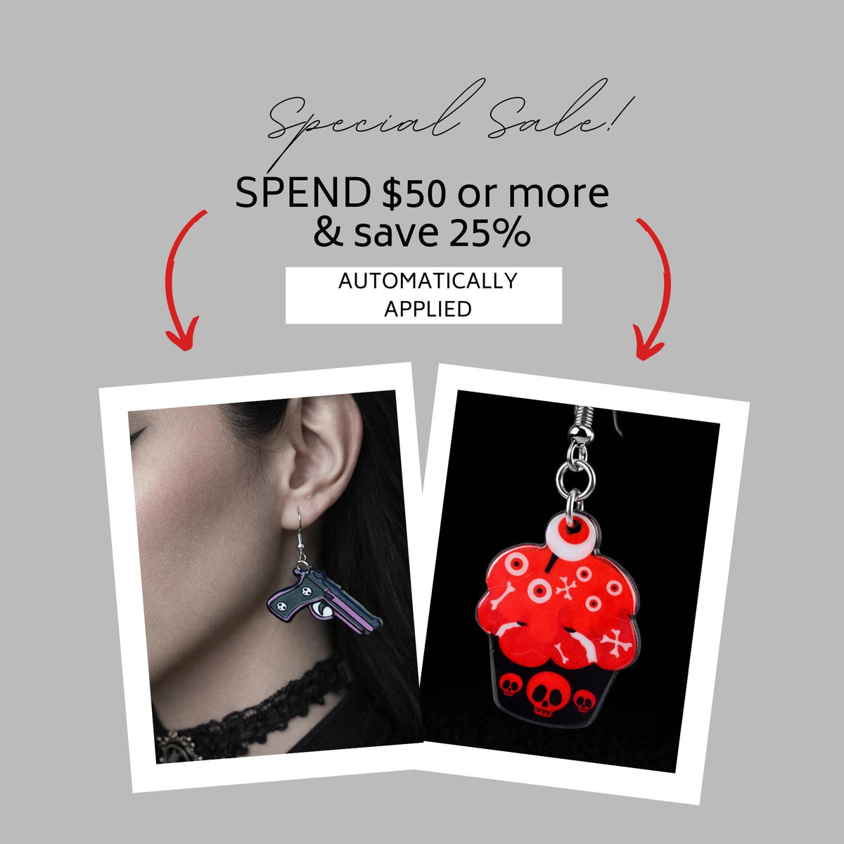 Creepy Cupcake Earrings, Double Sided Design Goth Skull Dangles
