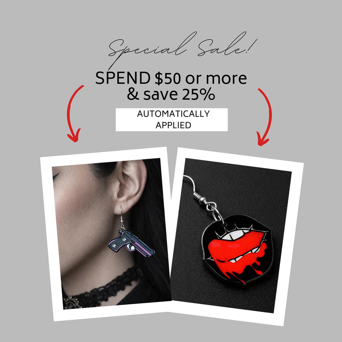 Goth Lipstick Earrings, Double Sided Skull Design with Hypoallergenic Stainless Steel Hooks