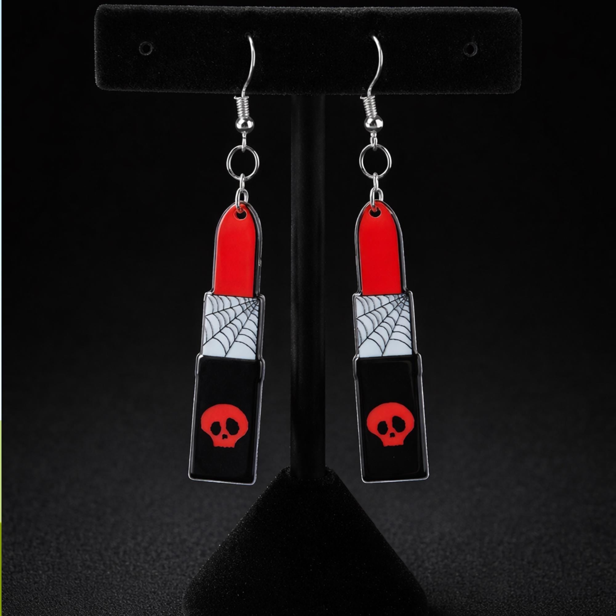 Goth Lipstick Earrings, Double Sided Skull Design with Hypoallergenic Stainless Steel Hooks