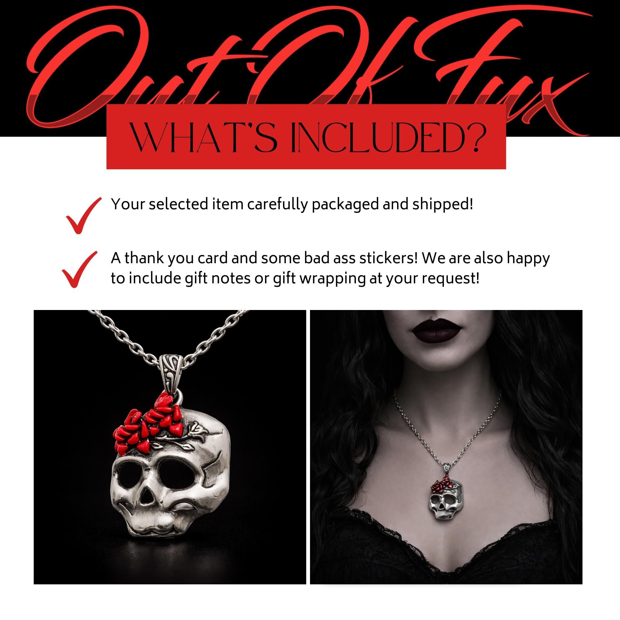 Stainless Steel Skull Necklace with Red Roses, Gothic Biker Pendant, 316L Jewelry