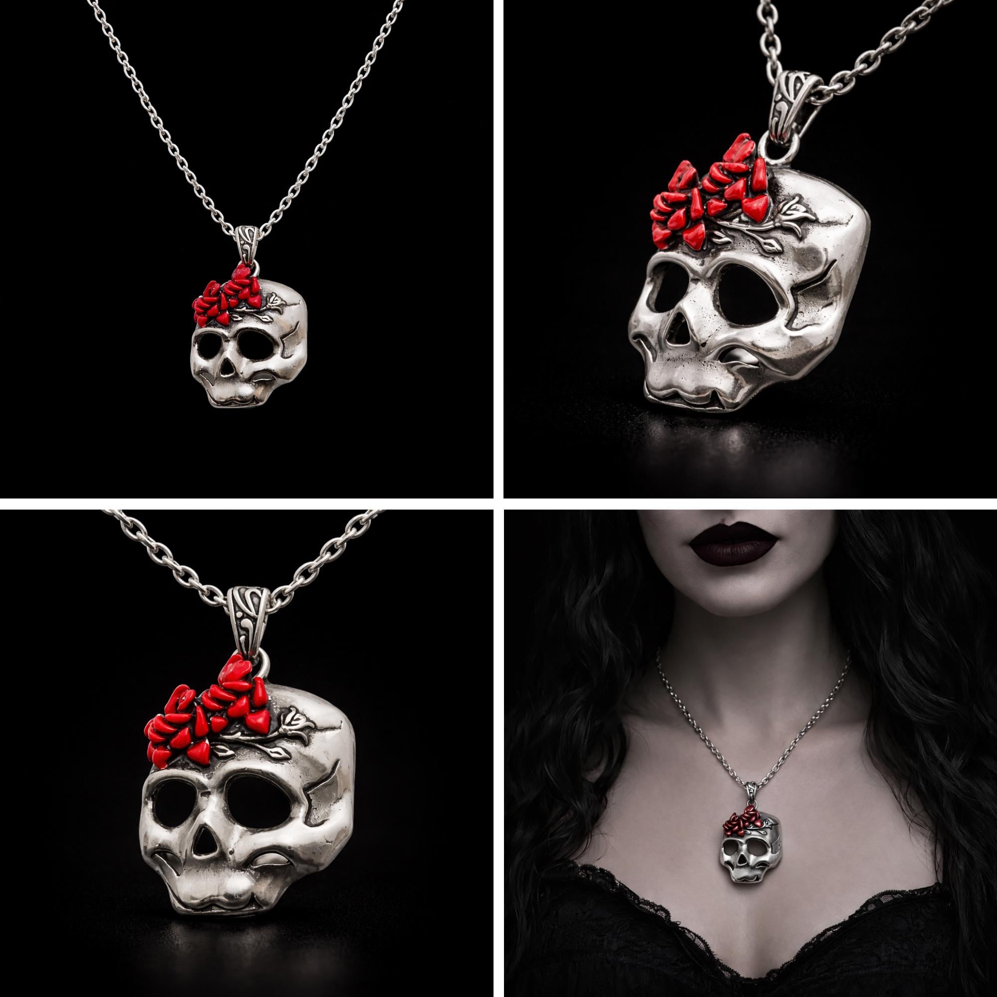 Stainless Steel Skull Necklace with Red Roses, Gothic Biker Pendant, 316L Jewelry