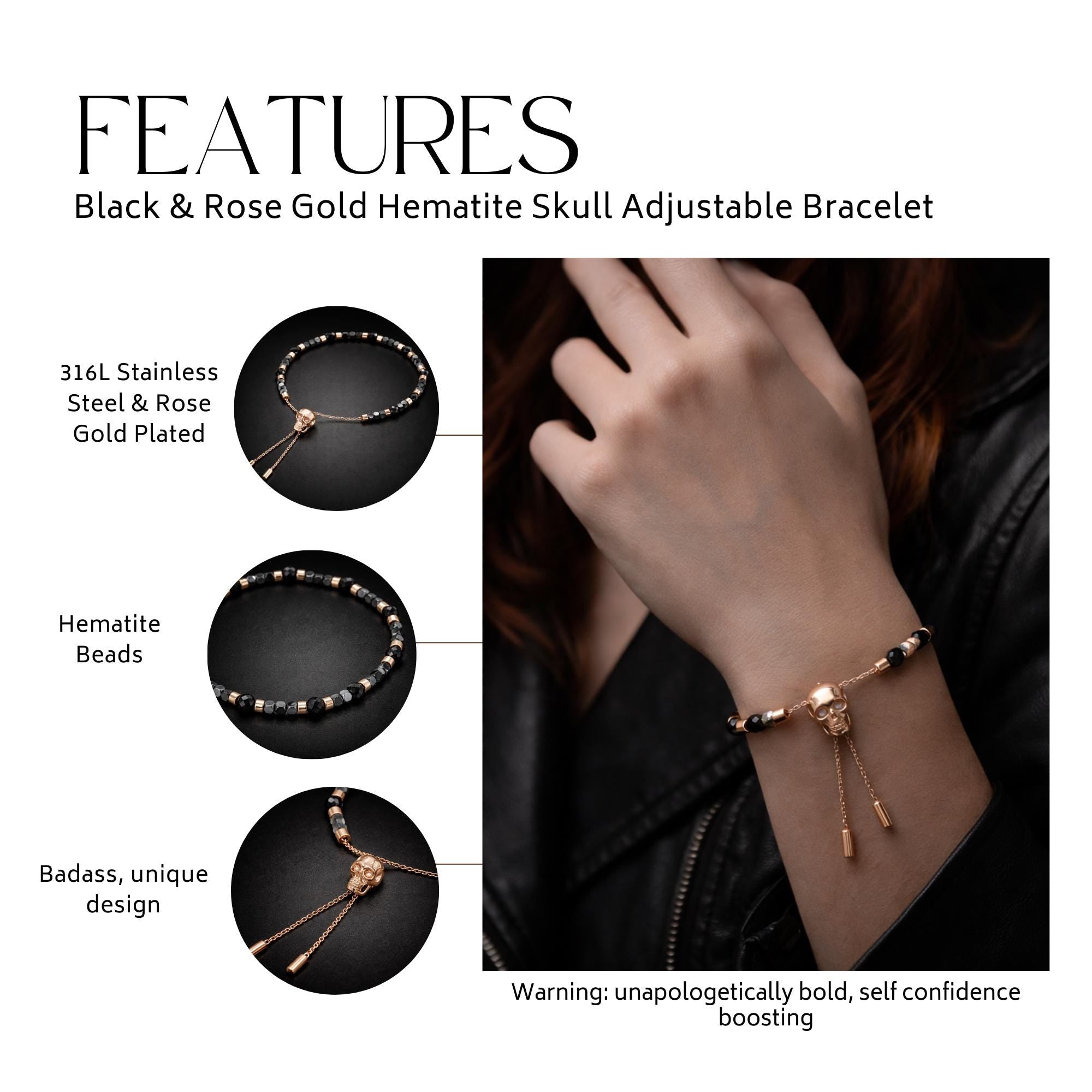Rose Gold Skull Bracelet: Hematite Adjustable Goth Bead Jewelry