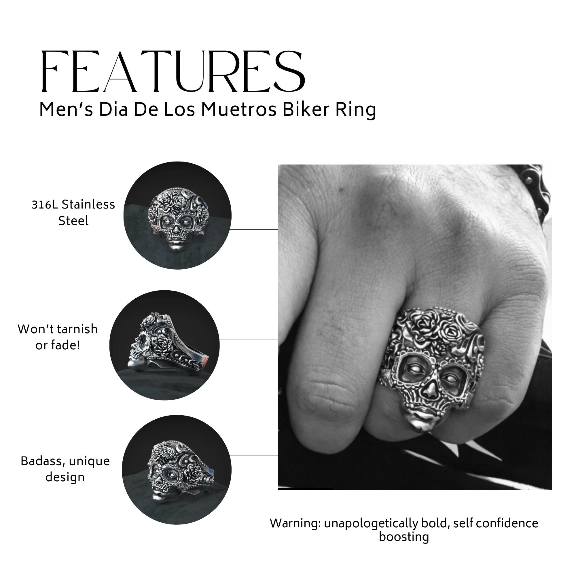 Men's Biker Gothic Statement Ring, Dia de los Muertos Rocker Jewelry Sizes 7-14