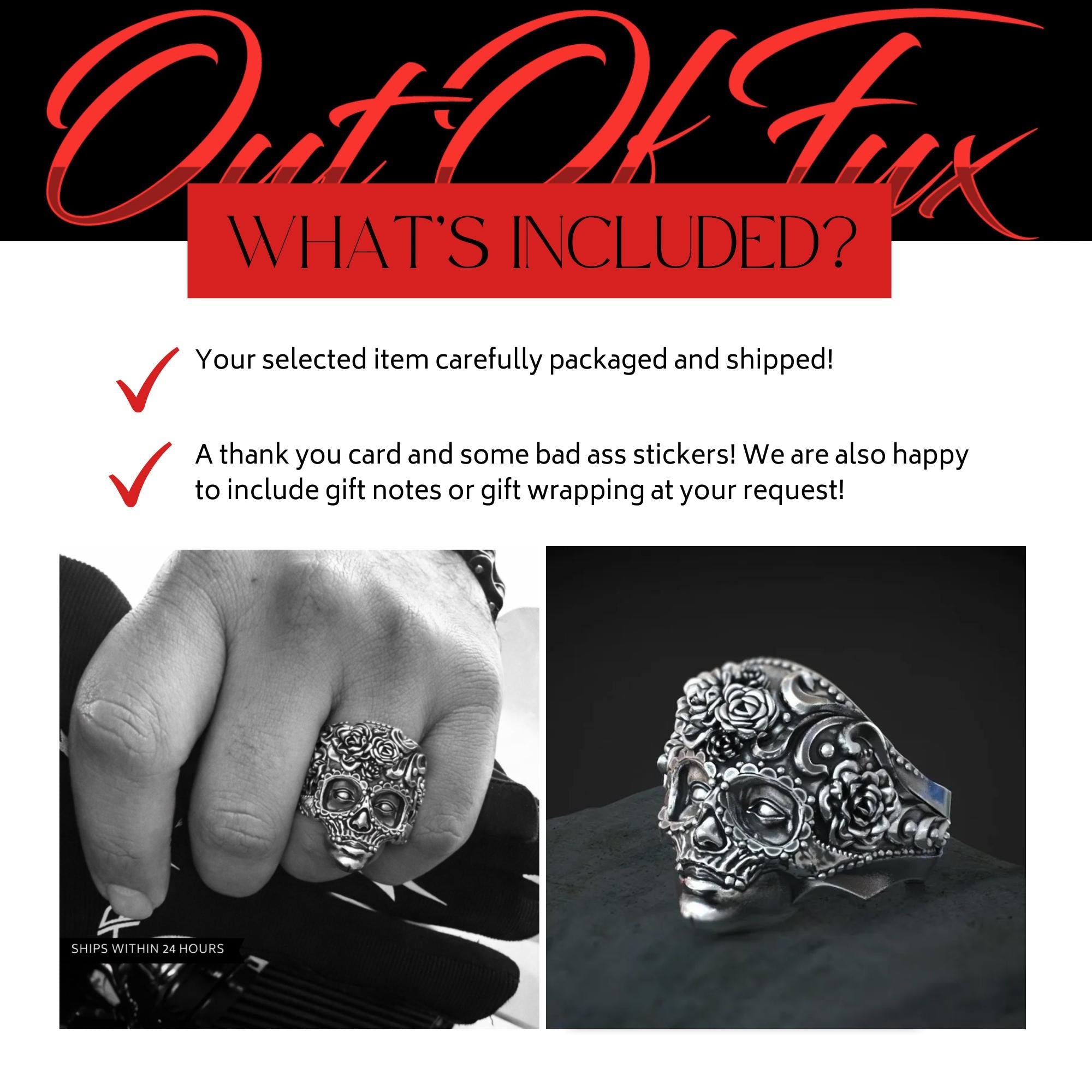 Men's Biker Gothic Statement Ring, Dia de los Muertos Rocker Jewelry Sizes 7-14