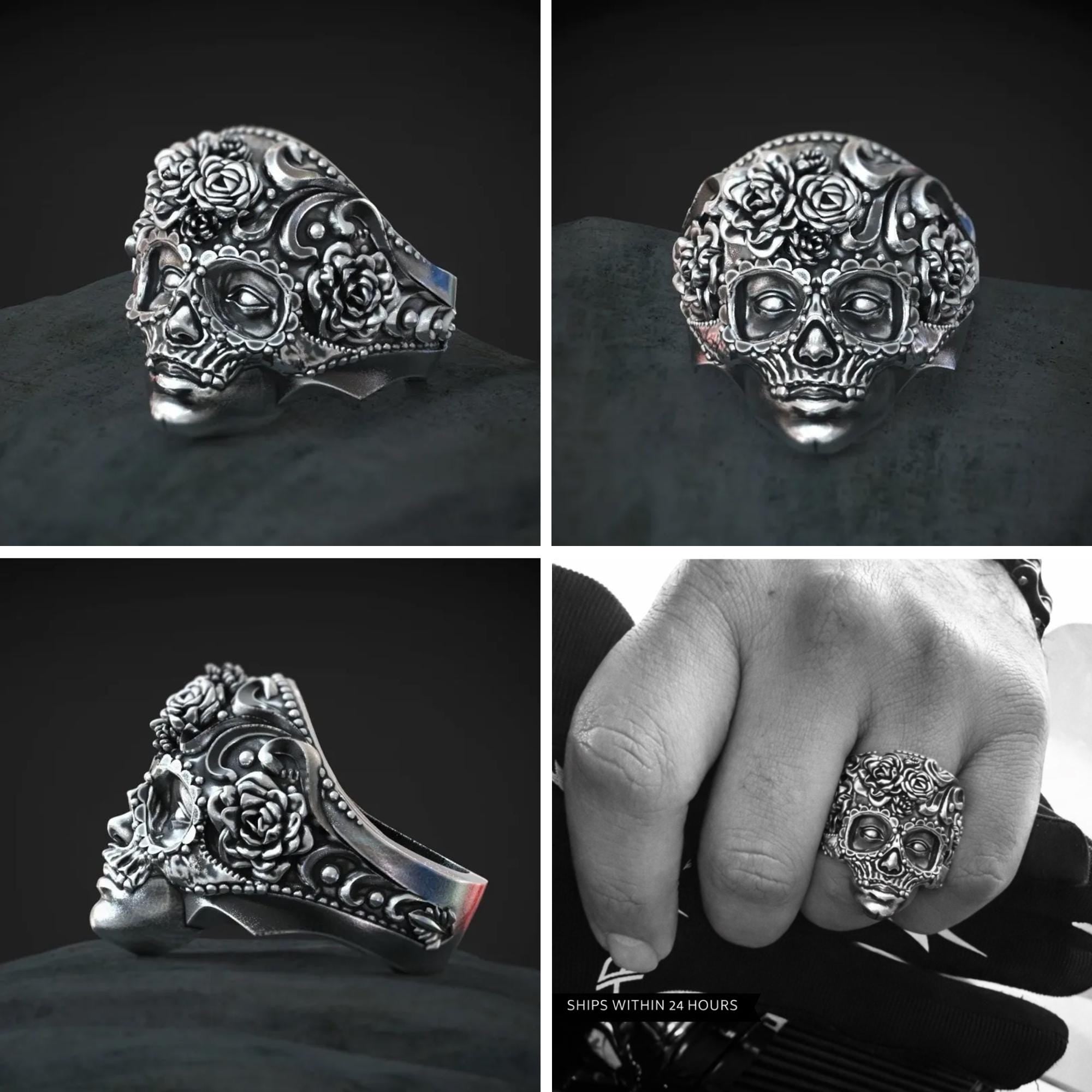 Men's Biker Gothic Statement Ring, Dia de los Muertos Rocker Jewelry Sizes 7-14