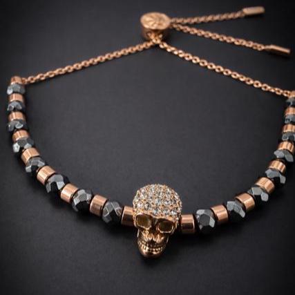 Rose Gold Skull Bracelet: Hematite Adjustable Goth Bead Jewelry