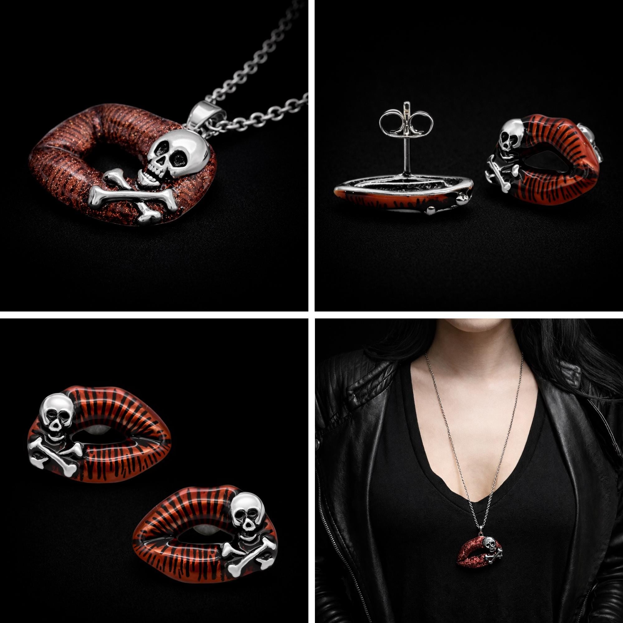 Red Skull Lip Jewelry Set: Stainless Steel Gothic Necklace and Stud Earrings
