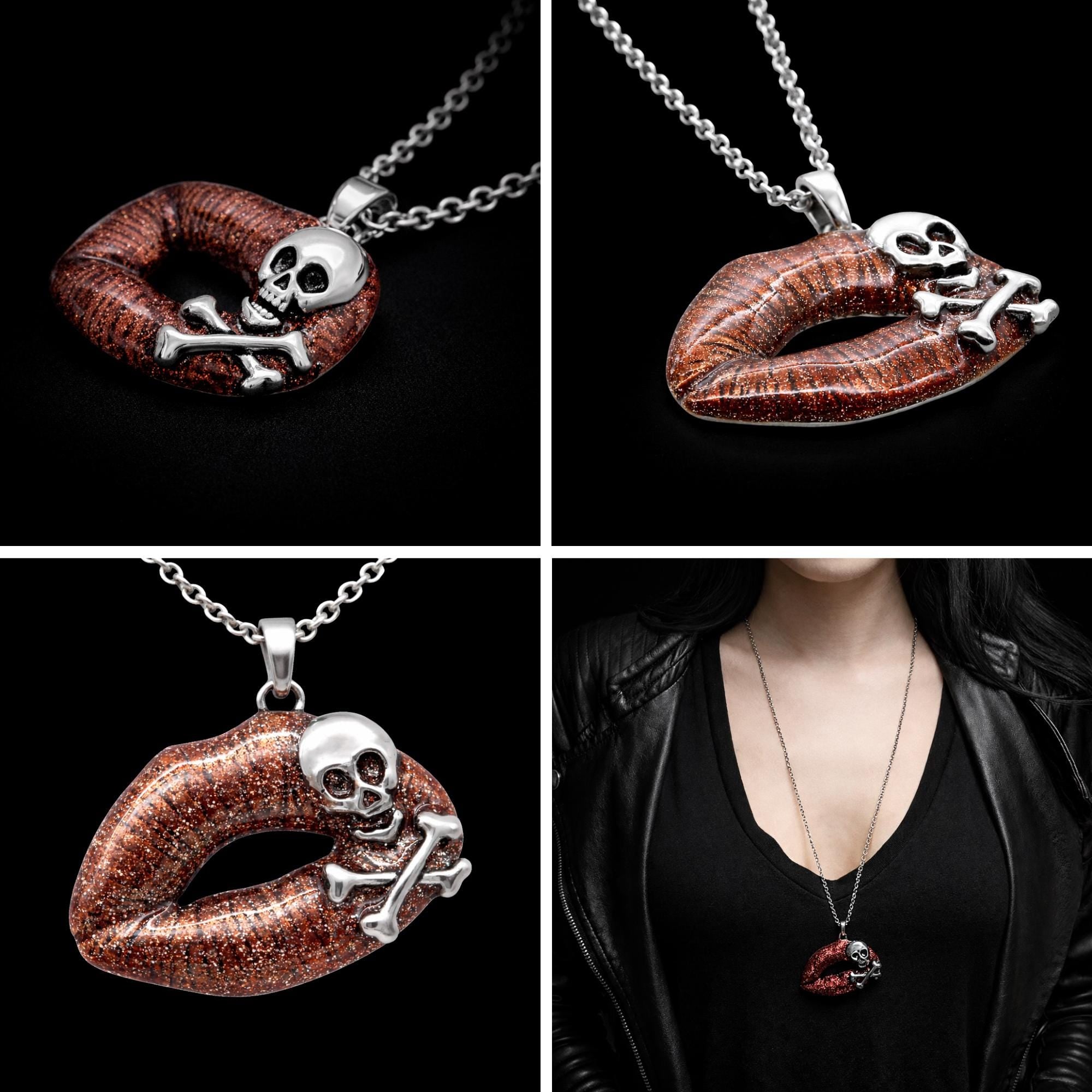 Red Skull Lip Necklace: Stainless Steel Gothic Statement Pendant for Women