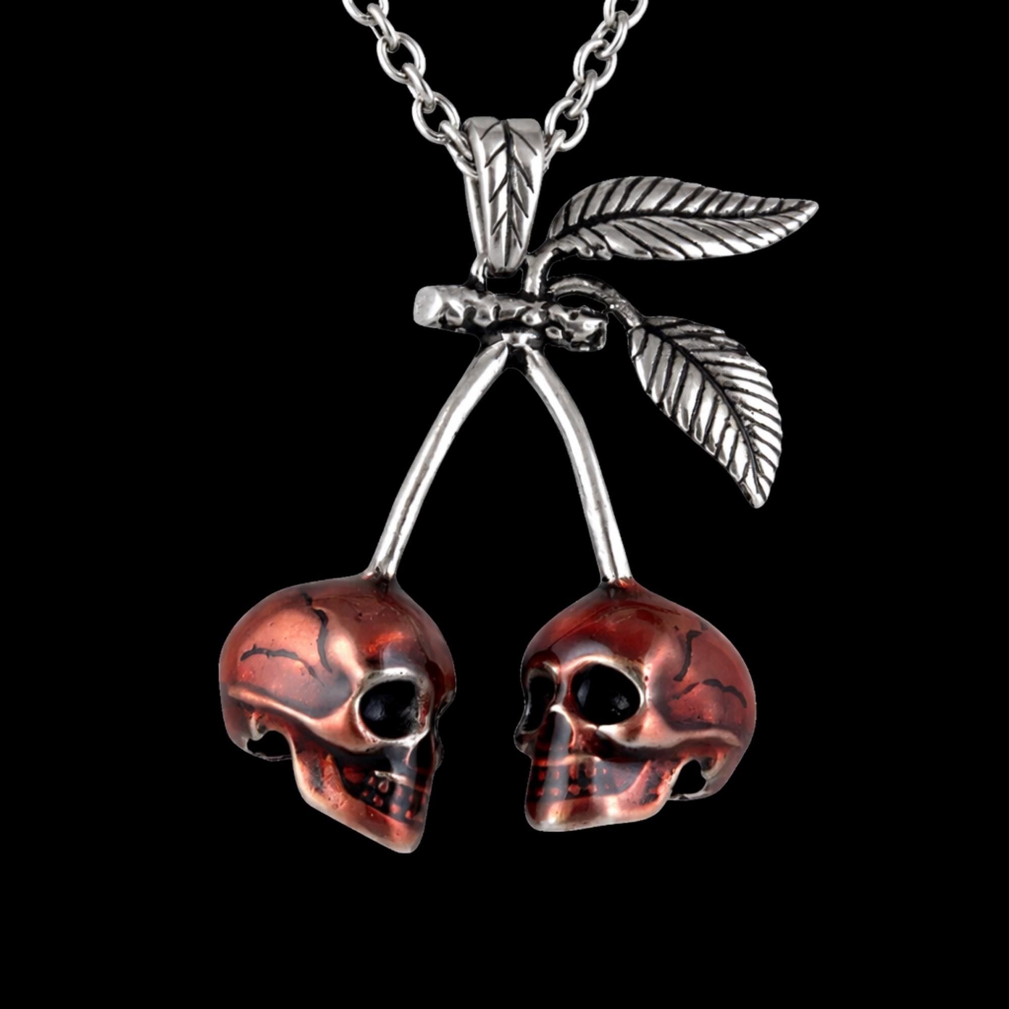 Cherry Skull Stainless Steel Necklace: Red Gothic Pendant for Dark Glam Women