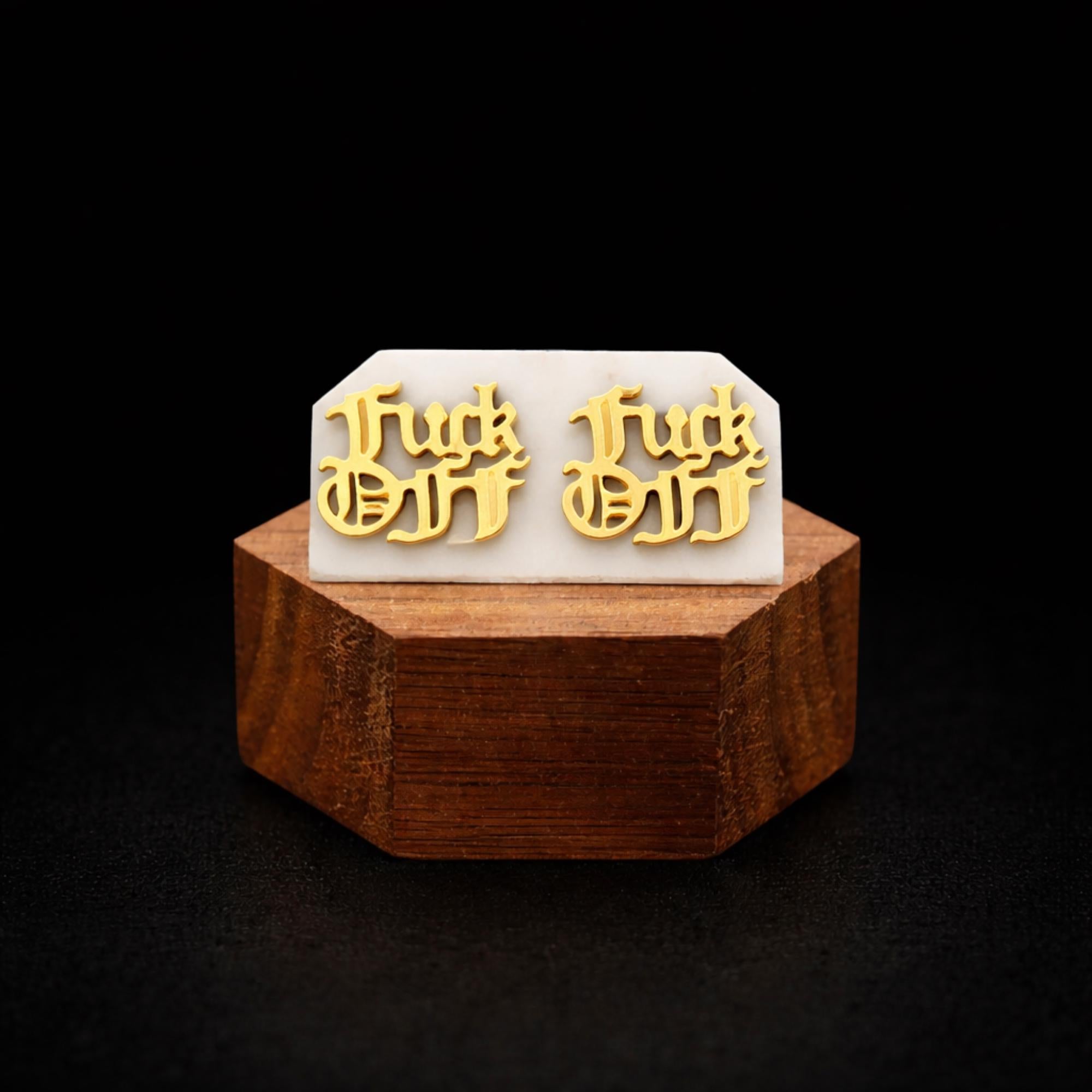 Fuck Off Earring - Old English Script Statement Jewelry - Minimalist Charm Studs - Bachelorette Gift - Multiple Colors
