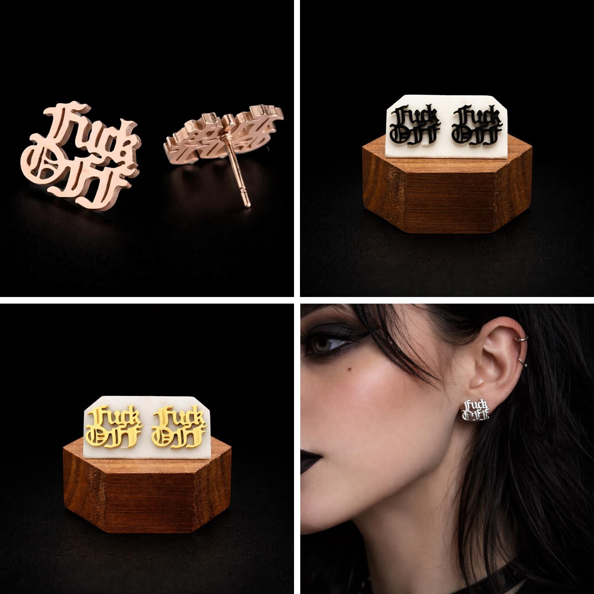 Fuck Off Earring - Old English Script Statement Jewelry - Minimalist Charm Studs - Bachelorette Gift - Multiple Colors