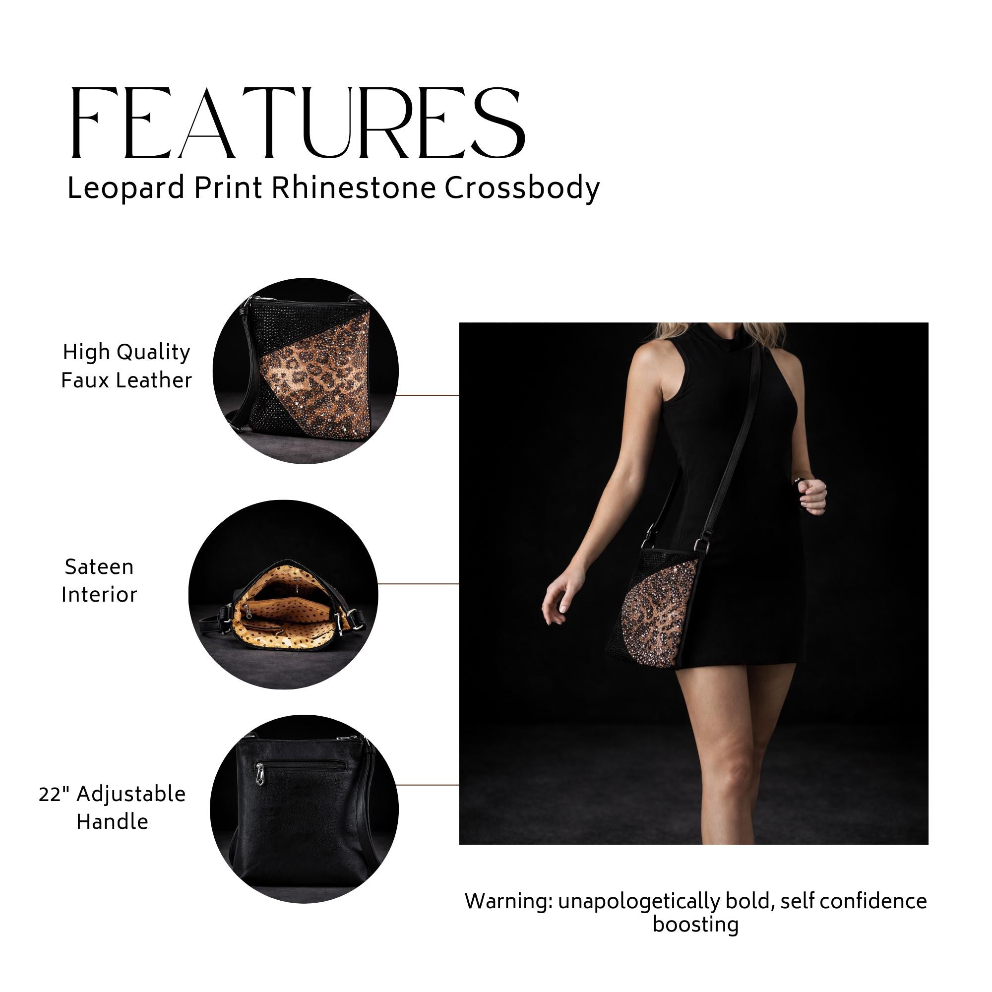 Leopard Rhinestone Crossbody Purse: Black Glam Statement Bag for Women