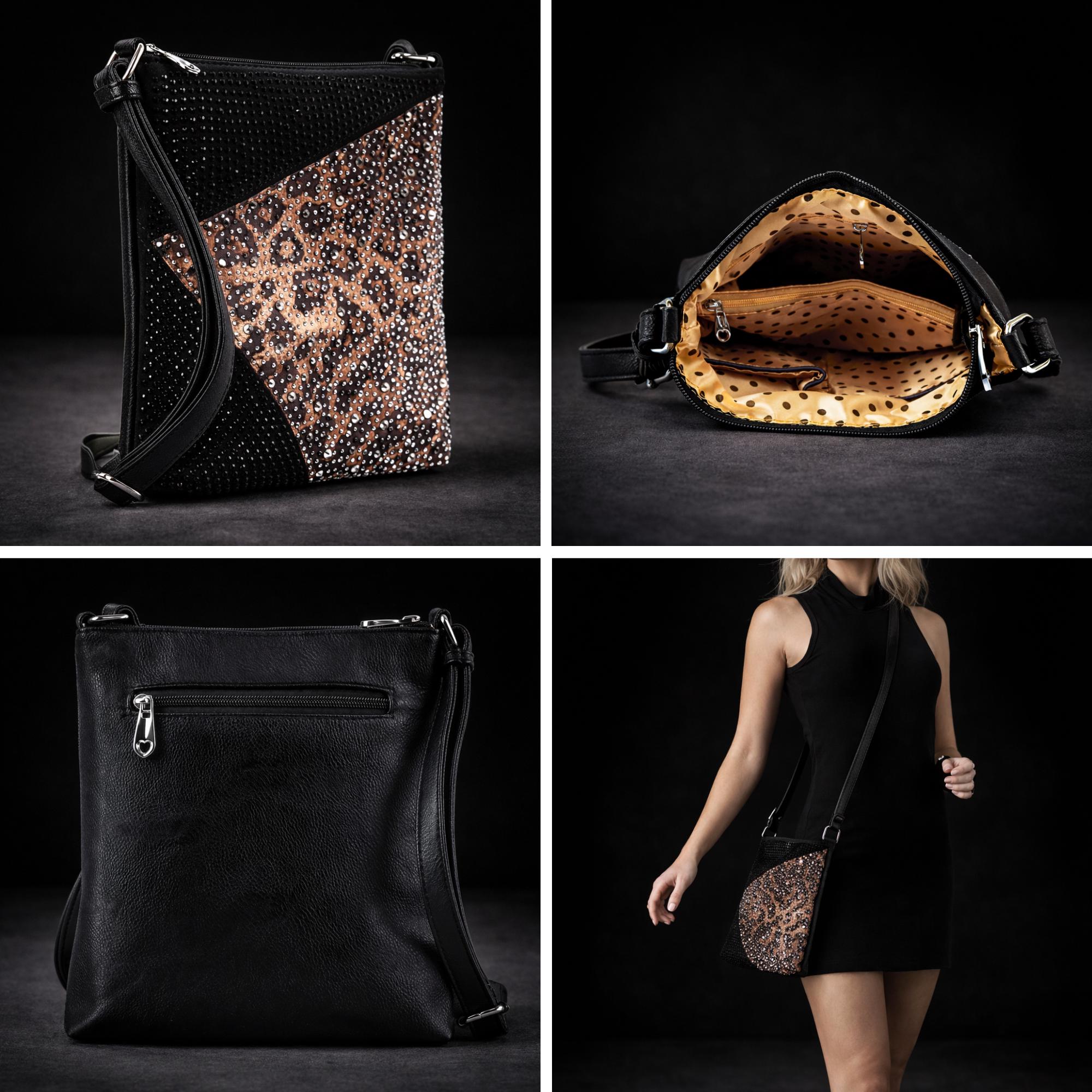 Leopard Rhinestone Crossbody Purse: Black Glam Statement Bag for Women