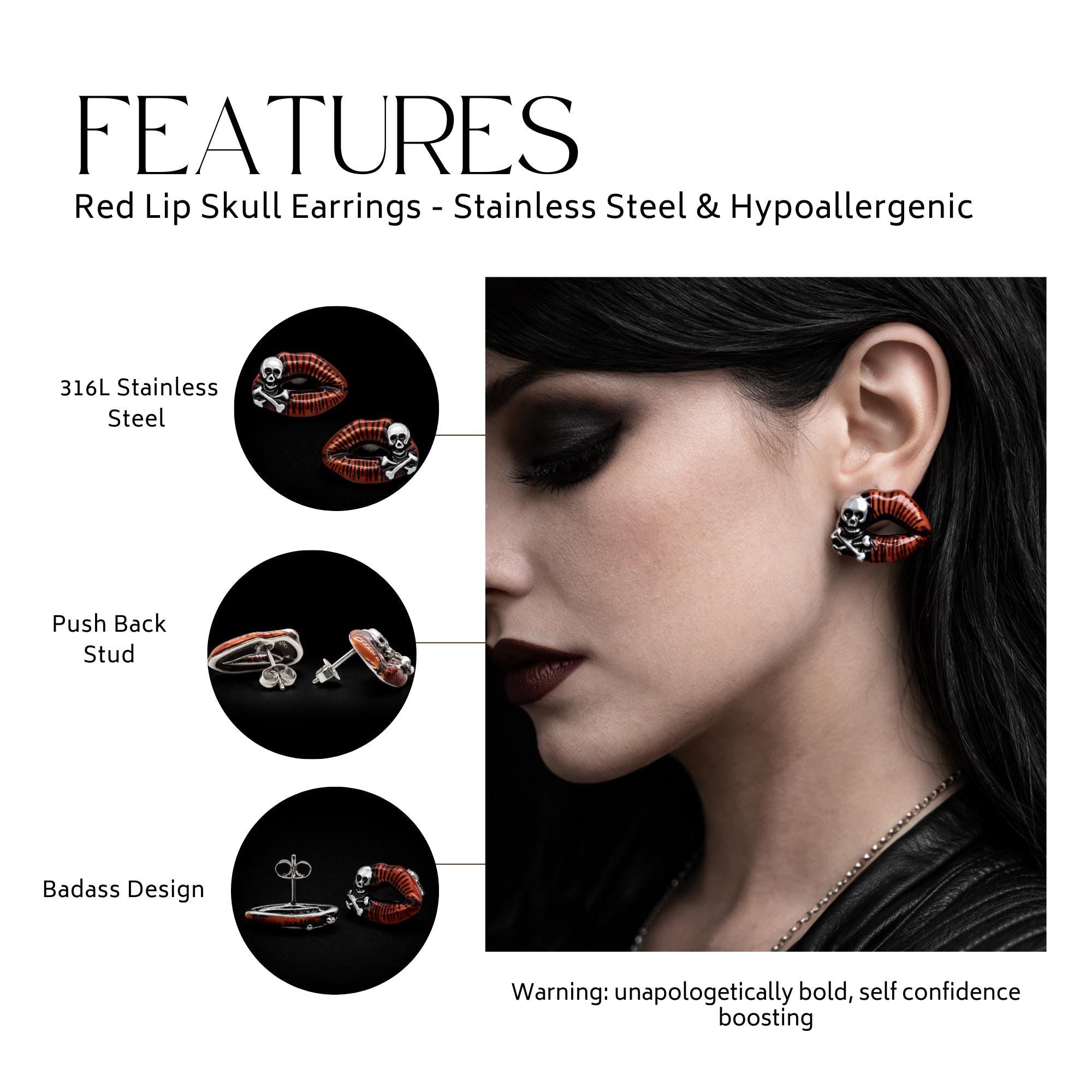Red Skull Lip Stud Earrings: Stainless Steel Gothic Jewelry for Women
