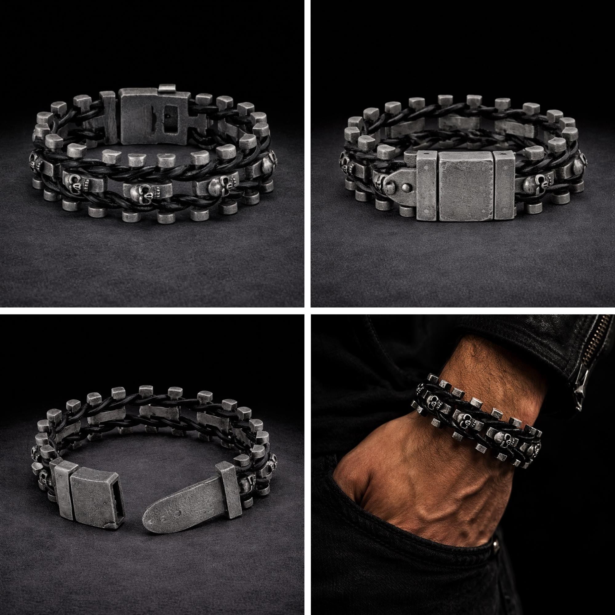 Adjustable Heavy Stainless Steel & Leather Skull Bracelet for Men