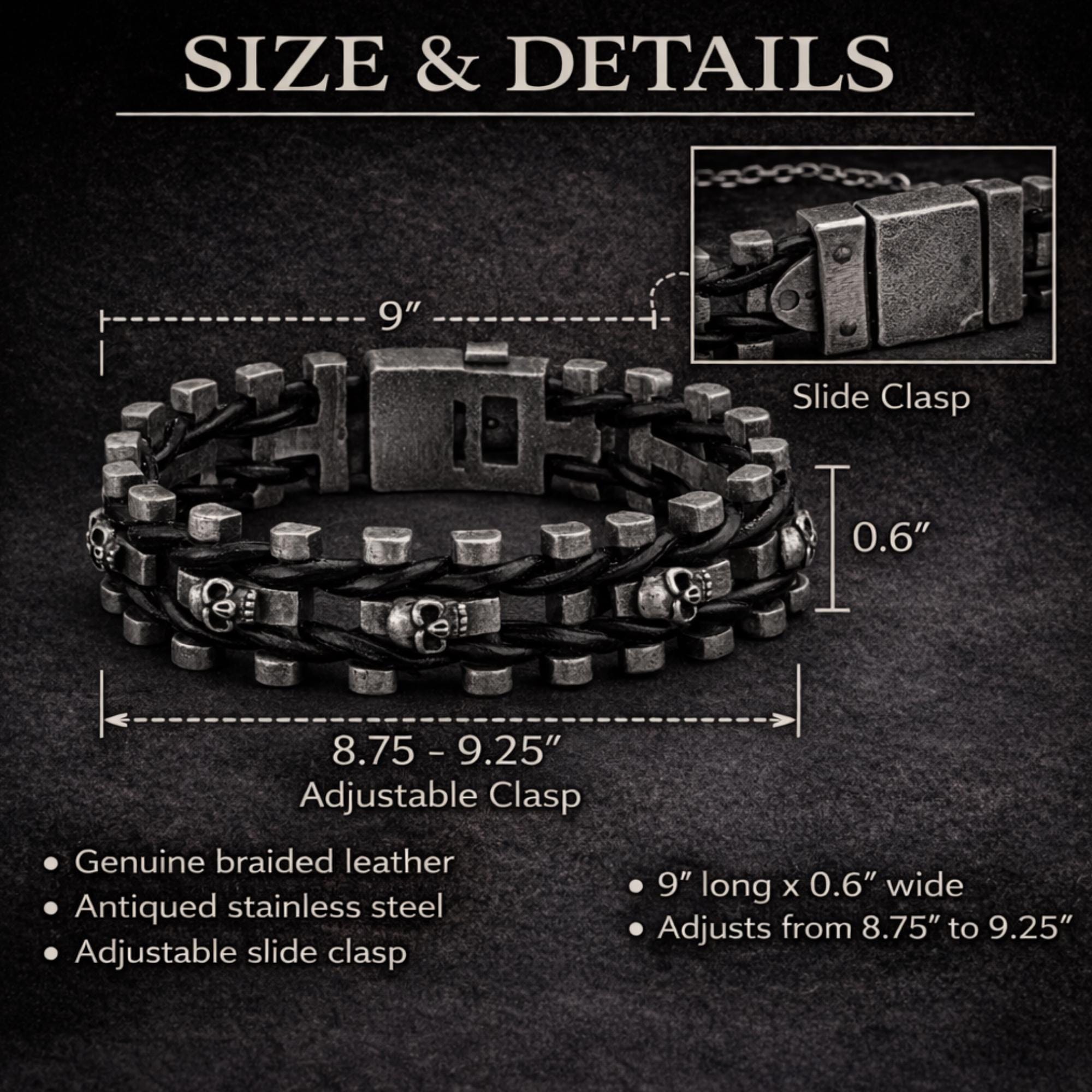 Adjustable Heavy Stainless Steel & Leather Skull Bracelet for Men